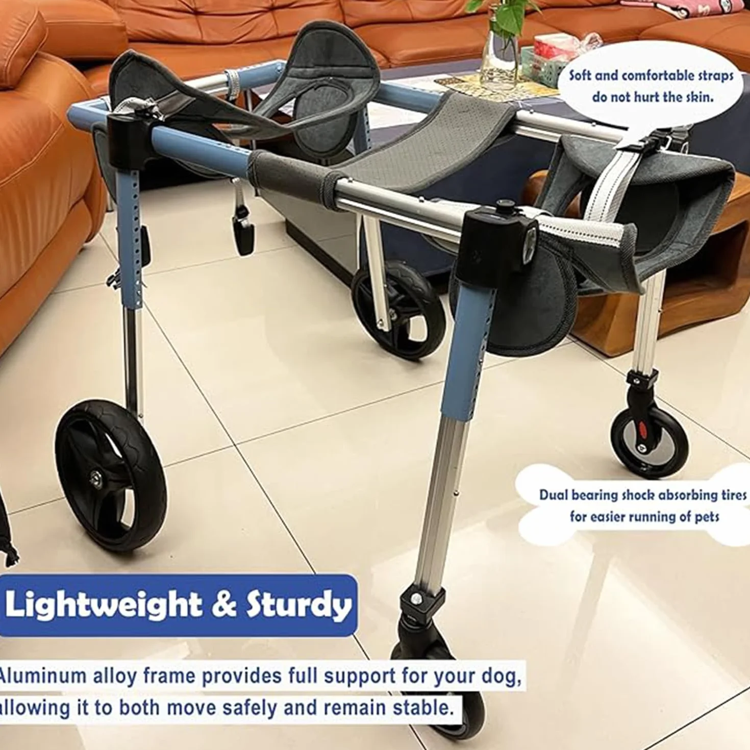 Sedia A Rotelle per Cani con Supporto Completo E 4 Ruote,Aiuta I Piccoli Arti Posteriori Paralizzati Recuperare La Mobilità,per Cani,Cuccioli,Gatti Disabili(XL,Blue)