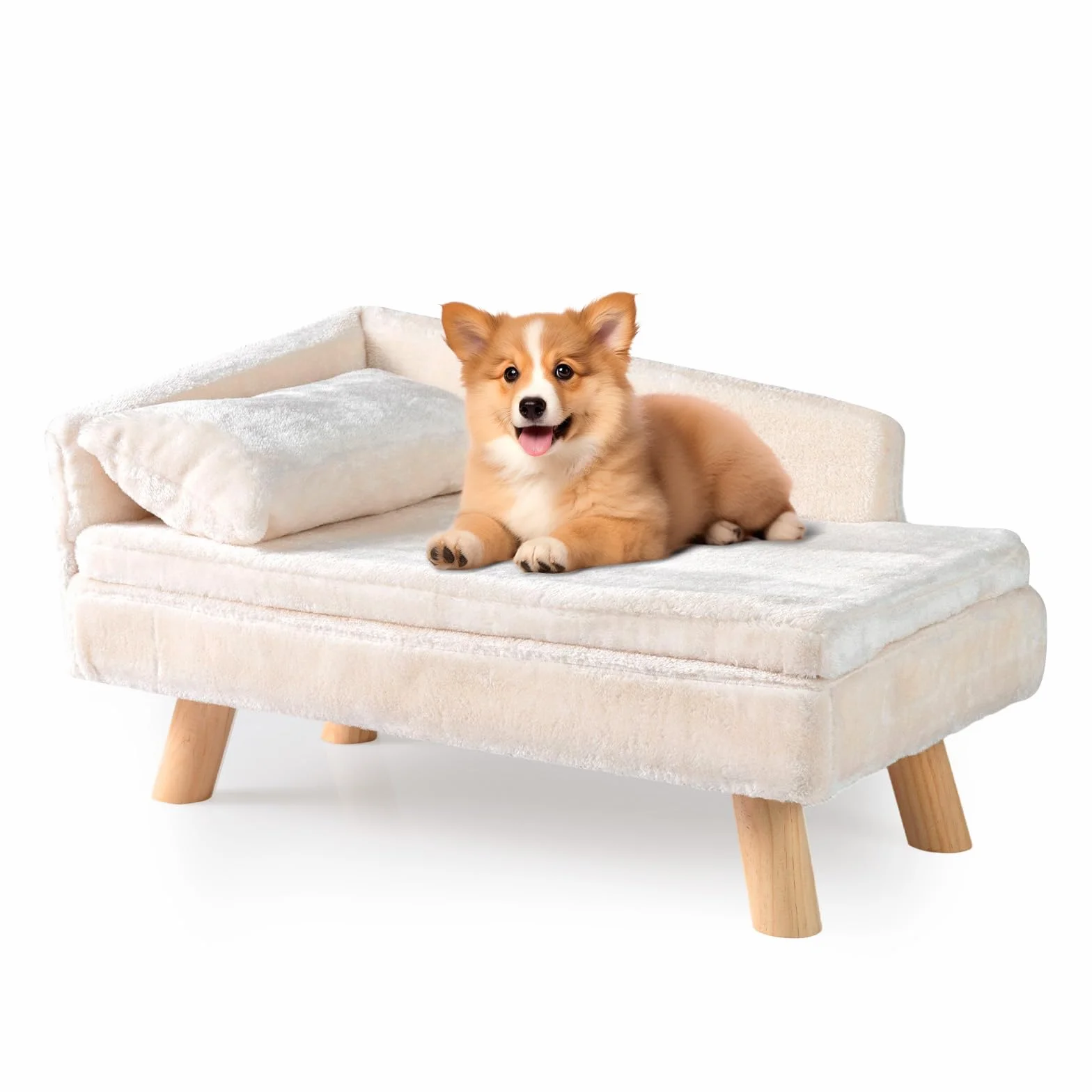 SOARS Divano per Cani con Schienale, Cuscino e Gambe in Legno, Letto per Cani di Media Taglia, Cuccia Rialzata, Divanetto per Animali Domestici, 71 x 43 x 40 cm, Beige