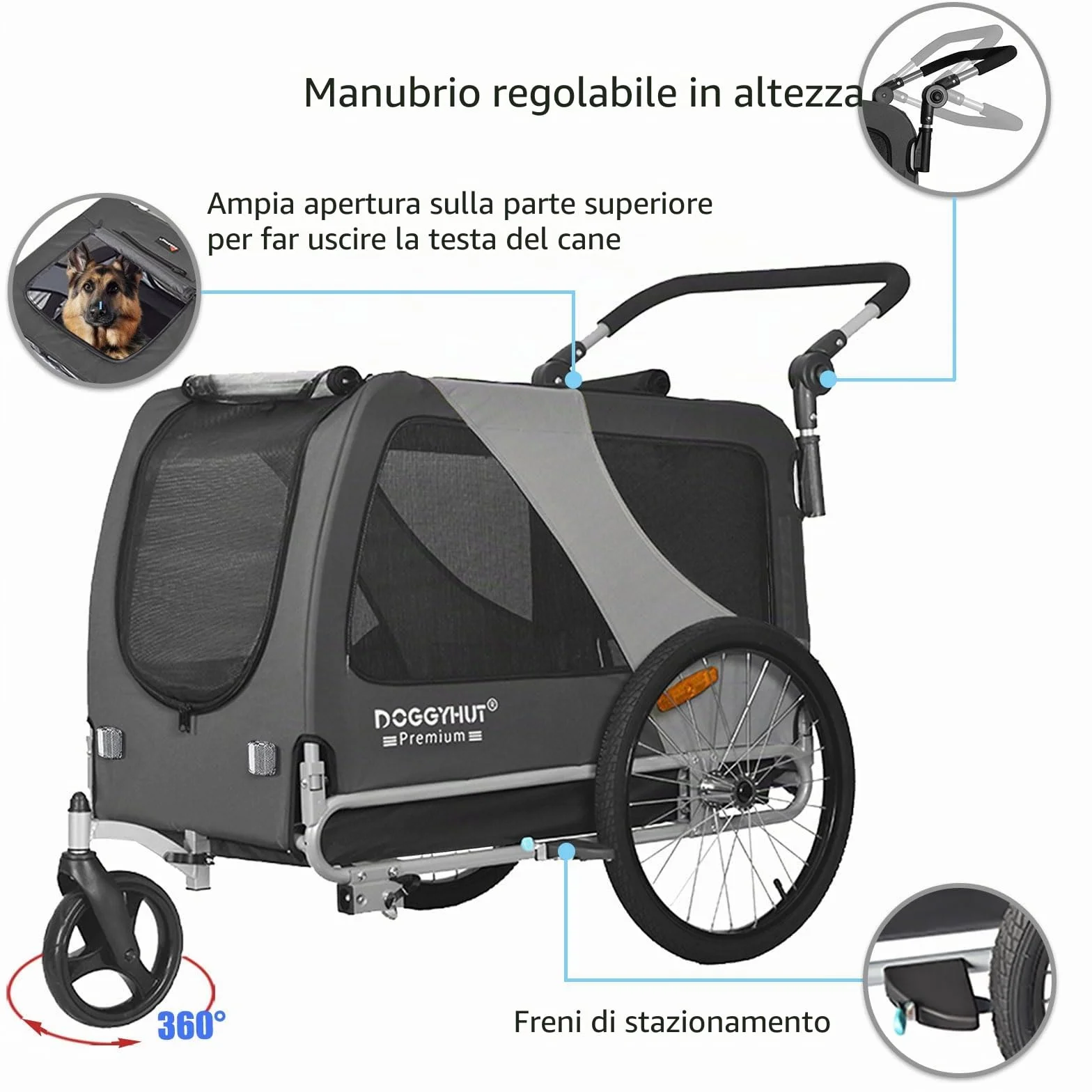 DOGGYHUT® - Rimorchio per bicicletta 2 in 1 per cani e jogging, 23 – 45 kg, per cani, per bicicletta, 80106 (grigio)