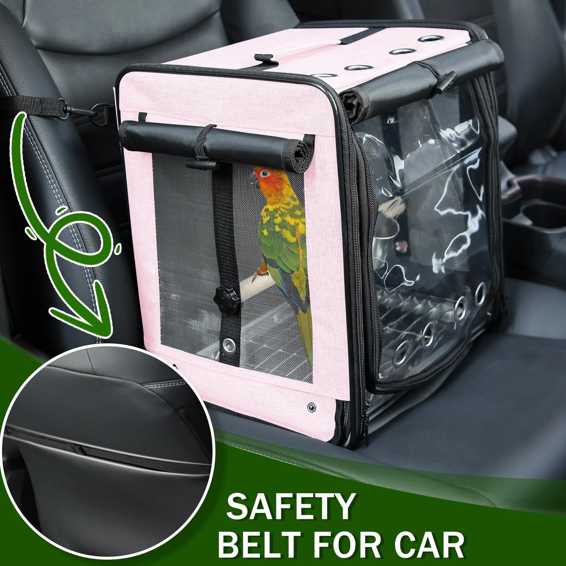Trasportino per uccelli con cintura di sicurezza per viaggi in auto, zaino per uccelli con rete in acciaio inossidabile indistruttibile, grande gabbia da viaggio per uccelli, rosa