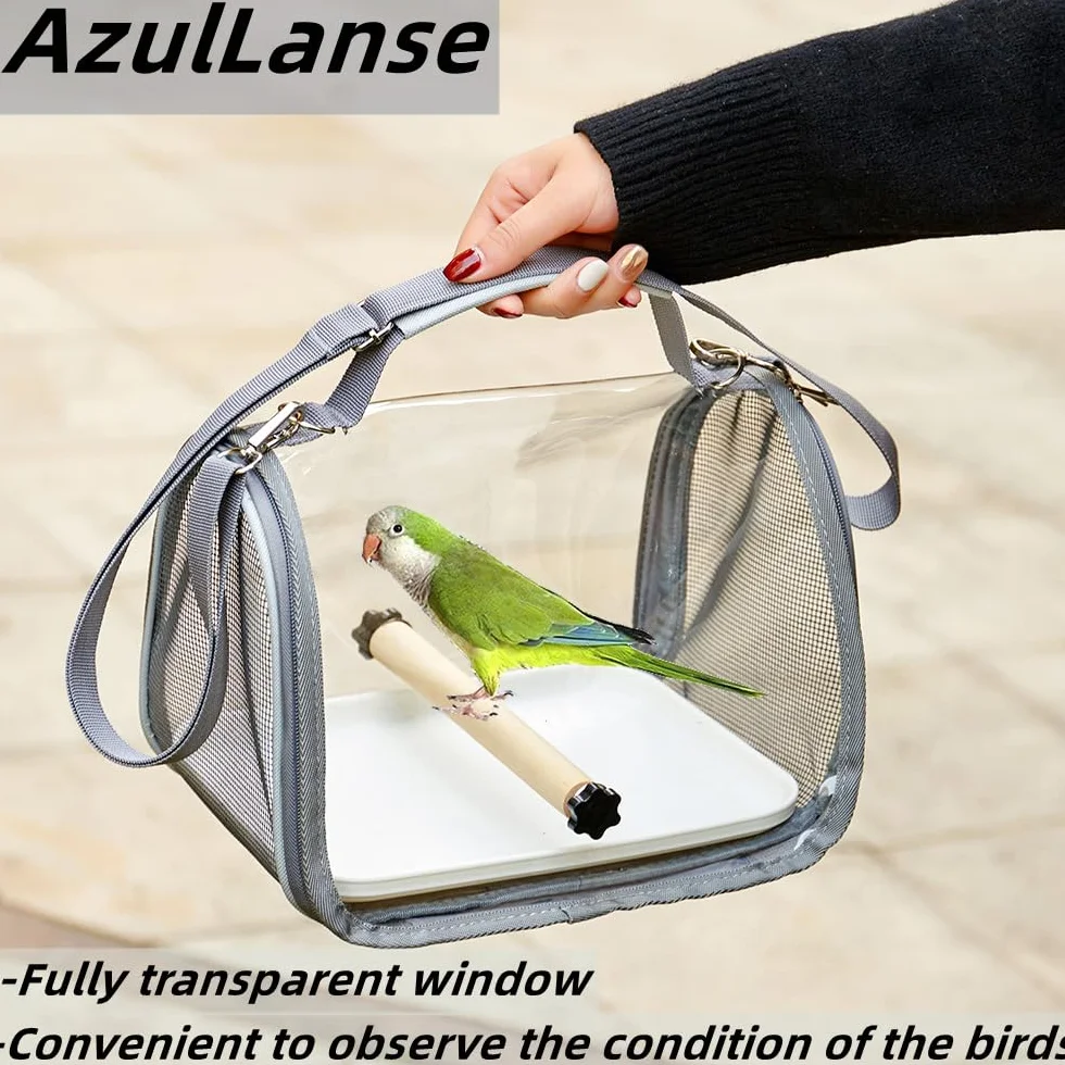 Borsa per uccelli,borsa da viaggio,completamente trasparente,19,5*26*19cm,portauccelli portatile con vassoio in plastica,palo di legno,traspirante per animali domestici,1 molari da pietra (grigio.)