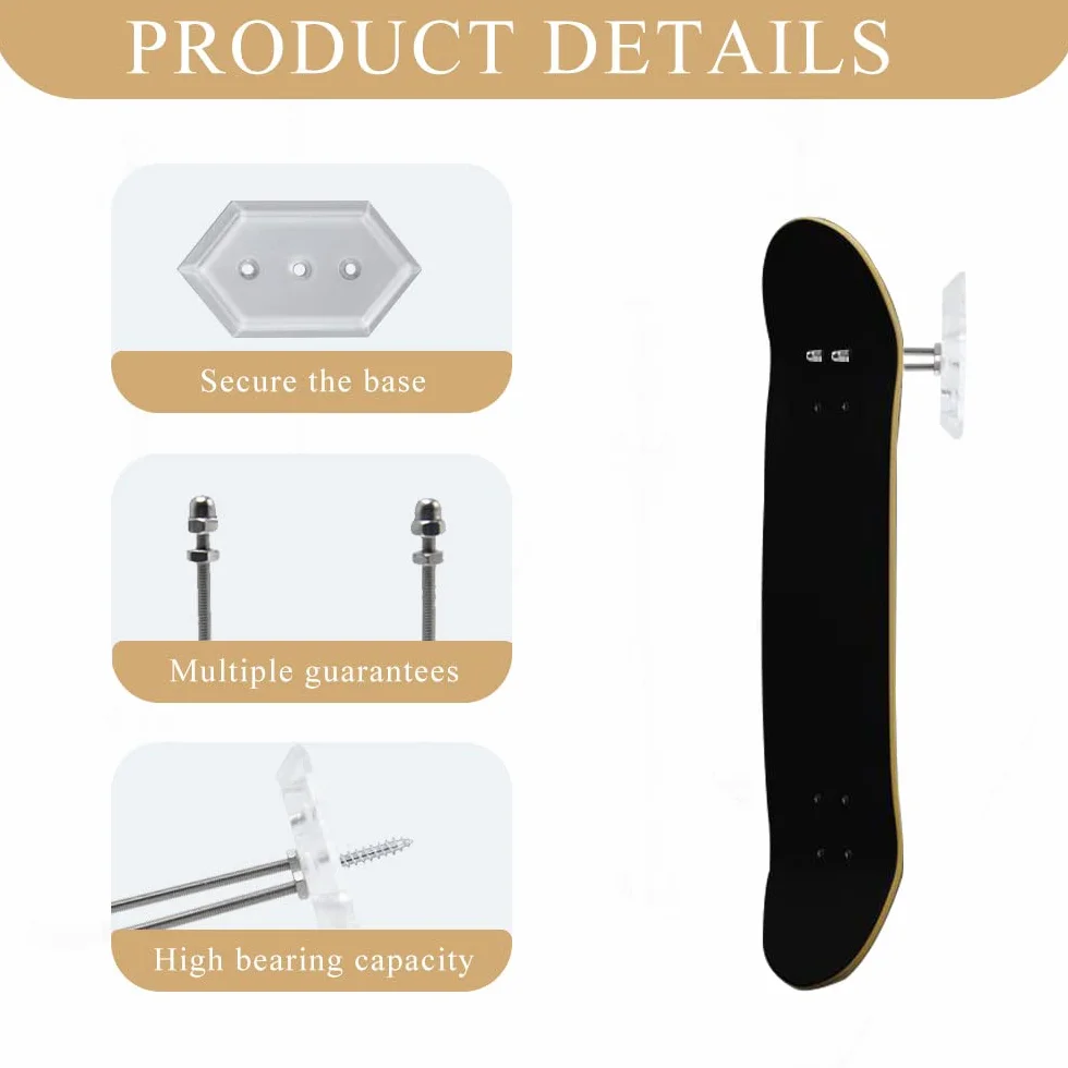 Ganci per Skateboard da Parete Supporto Display Stoccaggio Acrilico Clear 2 Pezzi