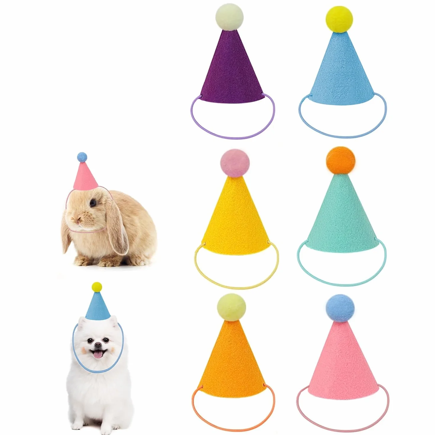 6 Pezzi Mini Cappellino di Festa per Animali Carino Colorato Cappellini Compleanno per Gattini Cuccioli Piccolo Coniglio Regolabile Cappellini a Cono Decorazione Accessori