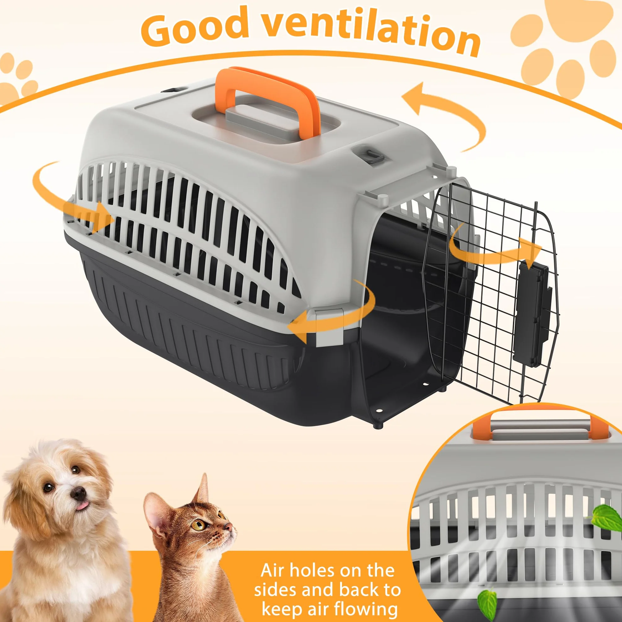 FIVMEN Trasportino per cani e gatti, 48 x 32 x 32 cm, in plastica con porta in ferro e prese d'aria