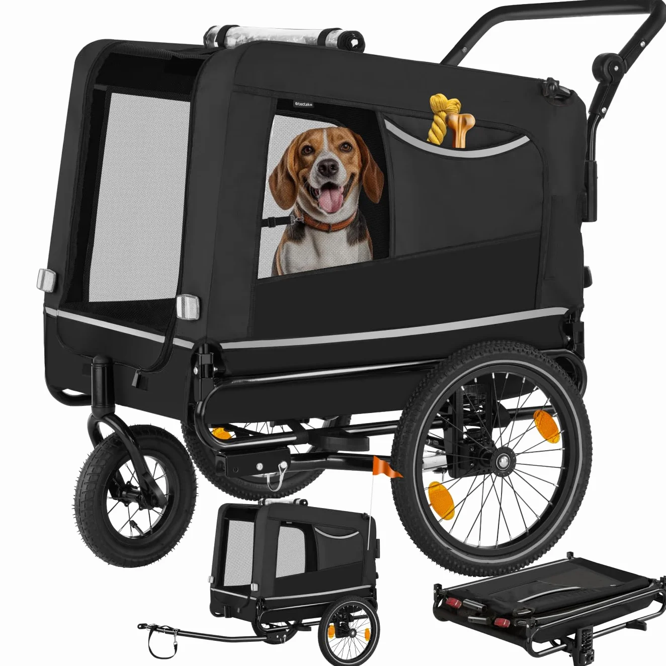 tectake® Carrello per Cani WoofRider, Multifunzionale con Bandierina di Segnalazione, Trasportino da Bicicletta, Jogger per Cani con Struttura Richiudibile, Inserti Mesh Traspiranti - Nero