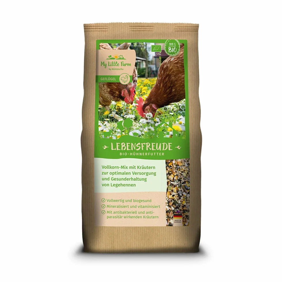 My Little Farm Lebensfreude - Cibo per polli biologico, 2 kg, mix di cereali integrali con erbe preziose per una cura ottimale e un mantenimento sano di galline ovaiole e altri pollame