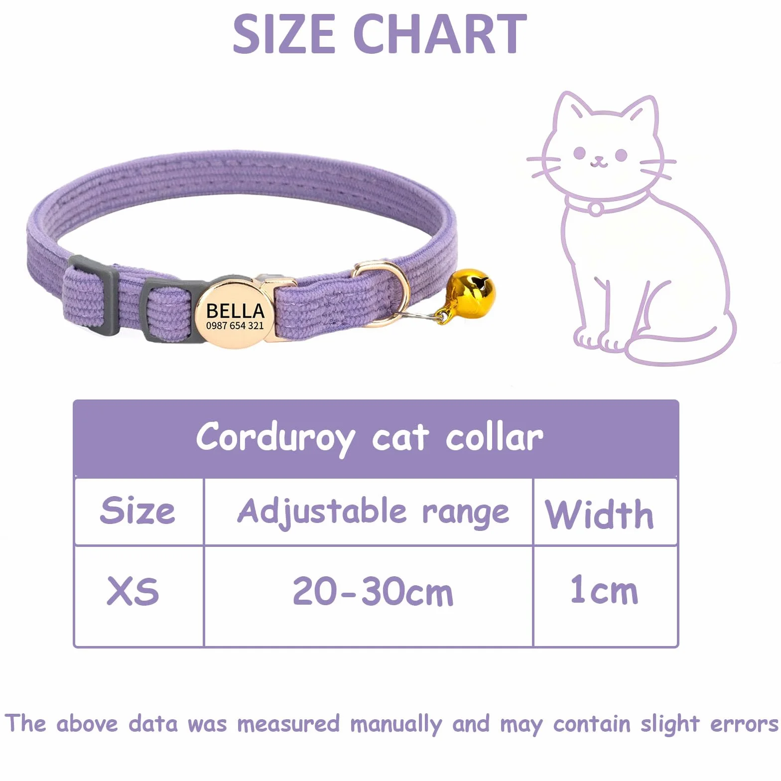Collare per gatti personalizzato con nome e numero di telefono, collare regolabile in velluto a coste a sgancio rapido con campanello e fibbia di sicurezza per gatti o cani di piccola taglia, 20-30 cm