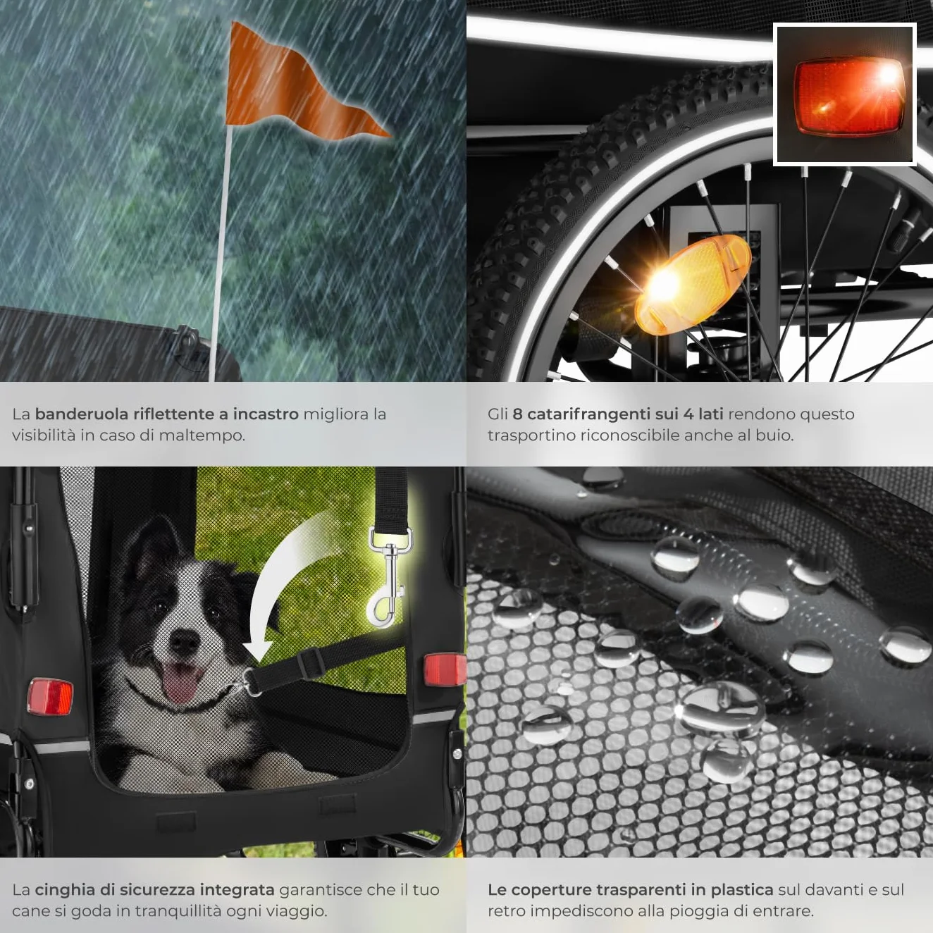 tectake® Carrello per Cani WoofRider, Multifunzionale con Bandierina di Segnalazione, Trasportino da Bicicletta, Jogger per Cani con Struttura Richiudibile, Inserti Mesh Traspiranti - Nero