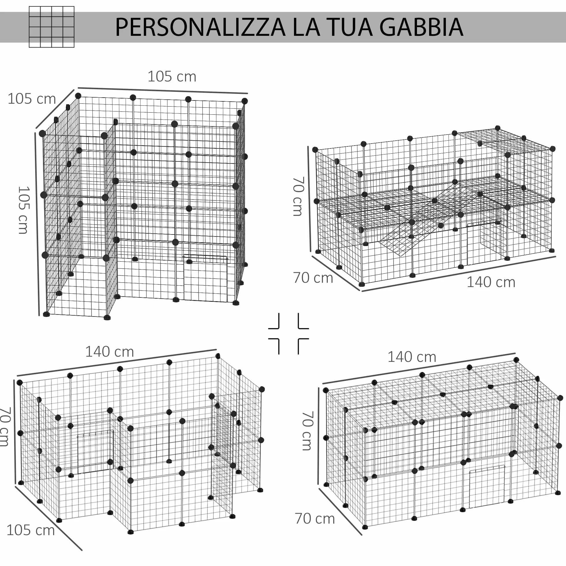 PawHut Recinto in Metallo per Piccoli Animali Domestici con 36 Pannelli di Metallo da Montare Secondo Forma e Configurazione che Preferisci e con Porta
