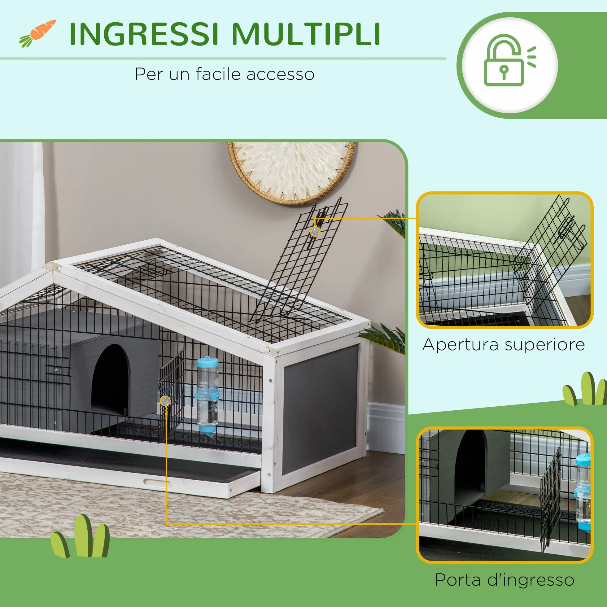 PawHut Gabbietta per 1 Conigli in Legno con Vassoio Estraibile, Casetta e Area Aperta, 90x53x50cm, Grigio Scuro