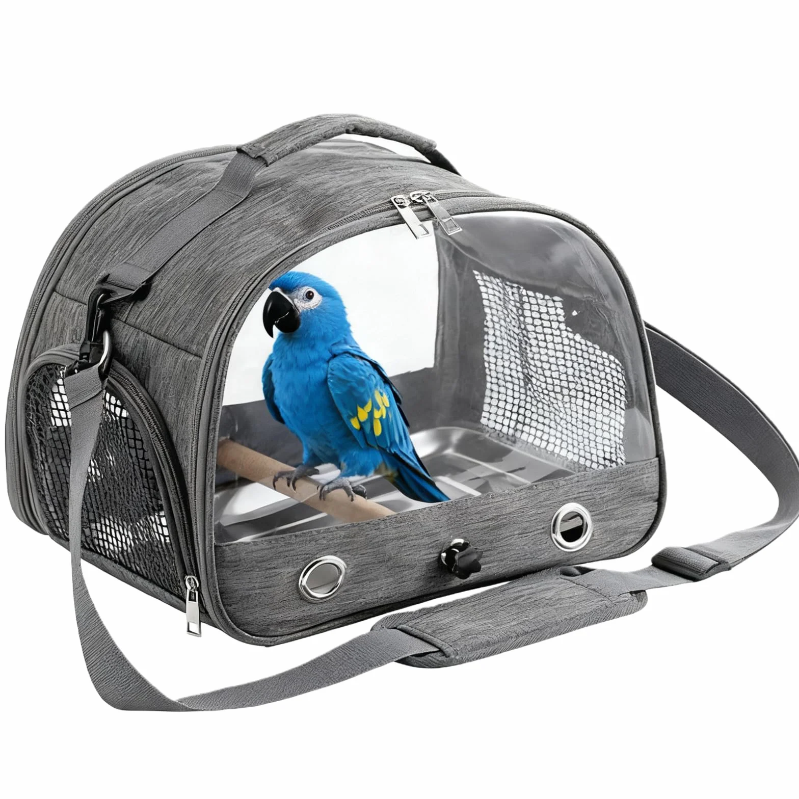 Borsa per uccelli con asta e vassoio in acciaio inox, per il trasporto di uccelli, traspirante, portatile, per pappagallini, piccoli animali, Bird Transport Box (grigio)