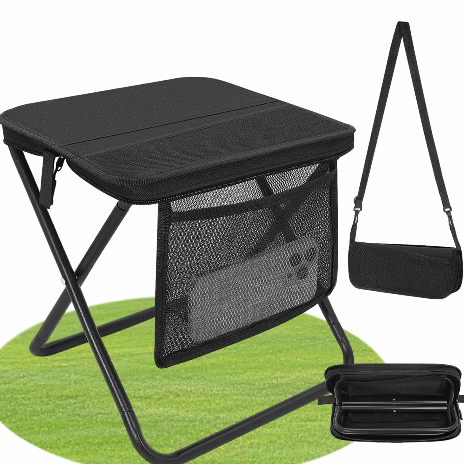 HUIZHOU Sgabello Pieghevole Portatile da Campeggio, Sedia Esterna Compatta e Leggera con Borsa e Cerniera, Robusta e Stabile, Ideale per Pesca, Escursionismo, Viaggi e Attività Outdoor (Nero)
