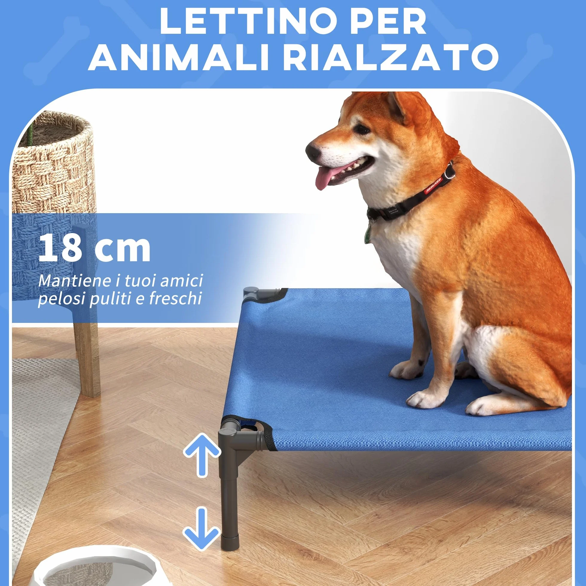 PawHut Brandina per Cani Taglia Media Pieghevole, Lettino Rialzato in Metallo e Tessuto Oxford, 76x61x18 cm, Blu