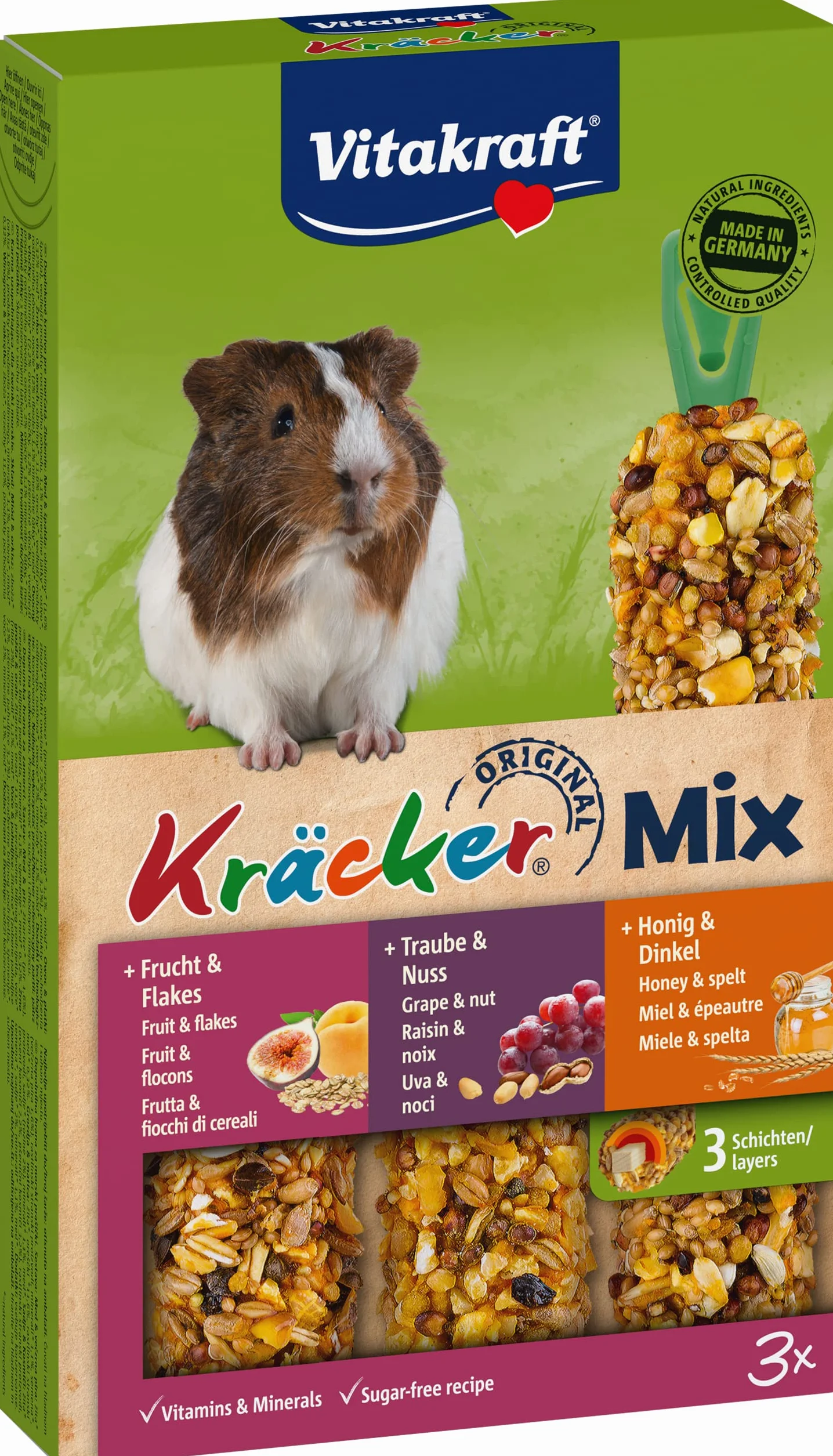 Vitakraft Kräcker Mix, alimento roditori per porcellini d'India, con miele, con noci, con frutta, senza l'aggiunta di zuccheri e cereali (1x 168g)