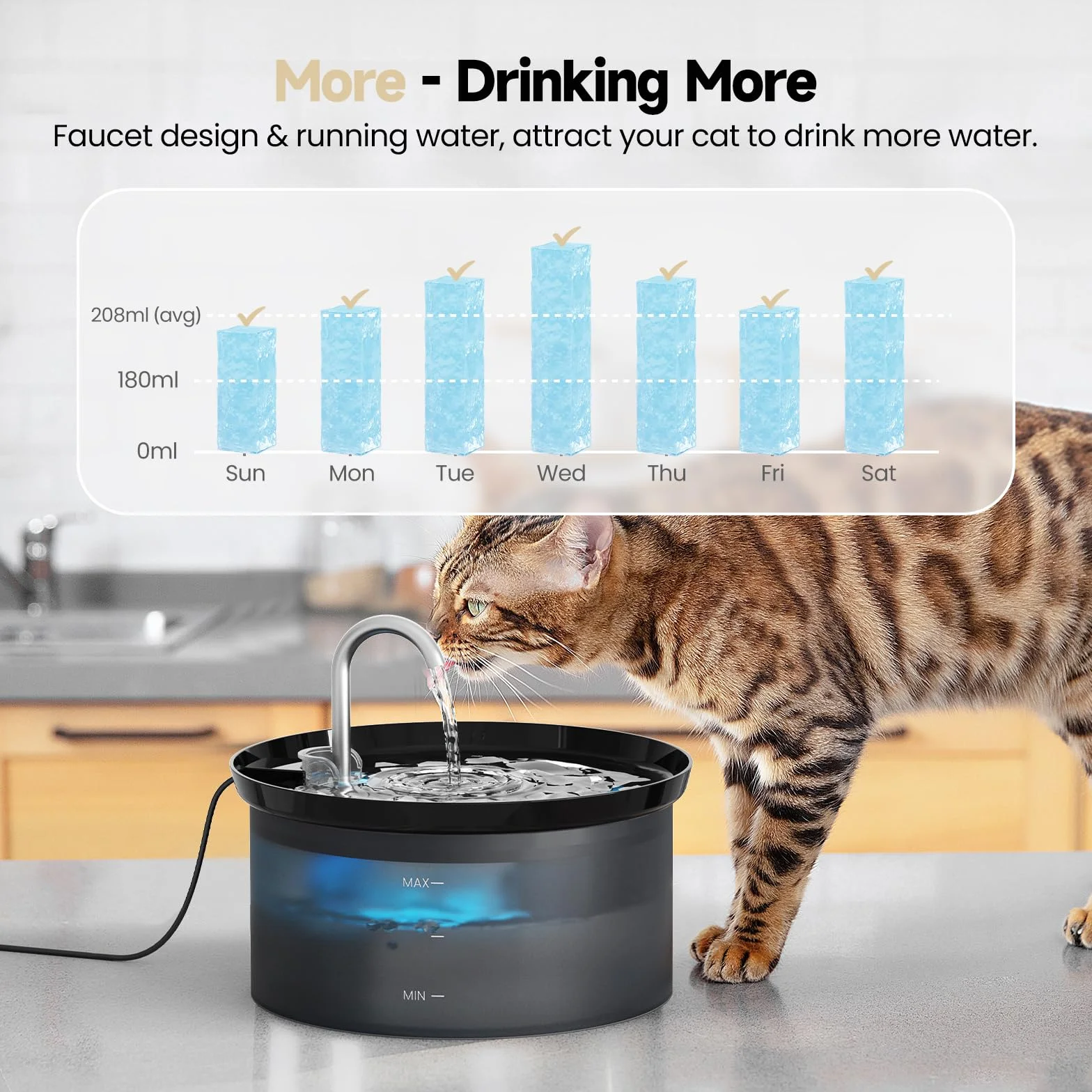 Fontanella per Gatti: Fontana per Gatto d'acqua per Animali Domestici con Pompa Ultra Silenziosa, Filtro a Carbone Attivo Mantenendo l'acqua Pulita, Capacità 2,5L, Design del Rubinetto