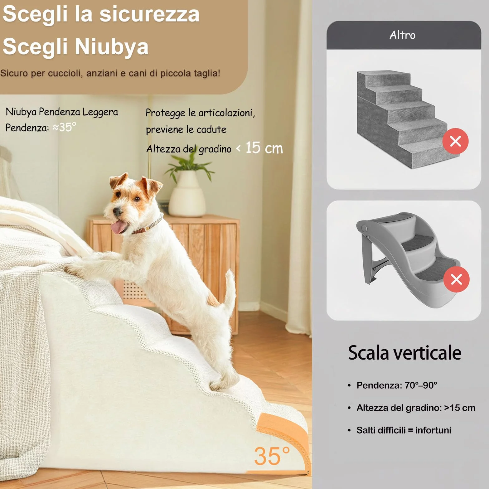 Scala per Cani e Gatti Piccoli 2 Gradini 30 cm Schiuma 30D Antiscivolo Fodera Lavabile Beige