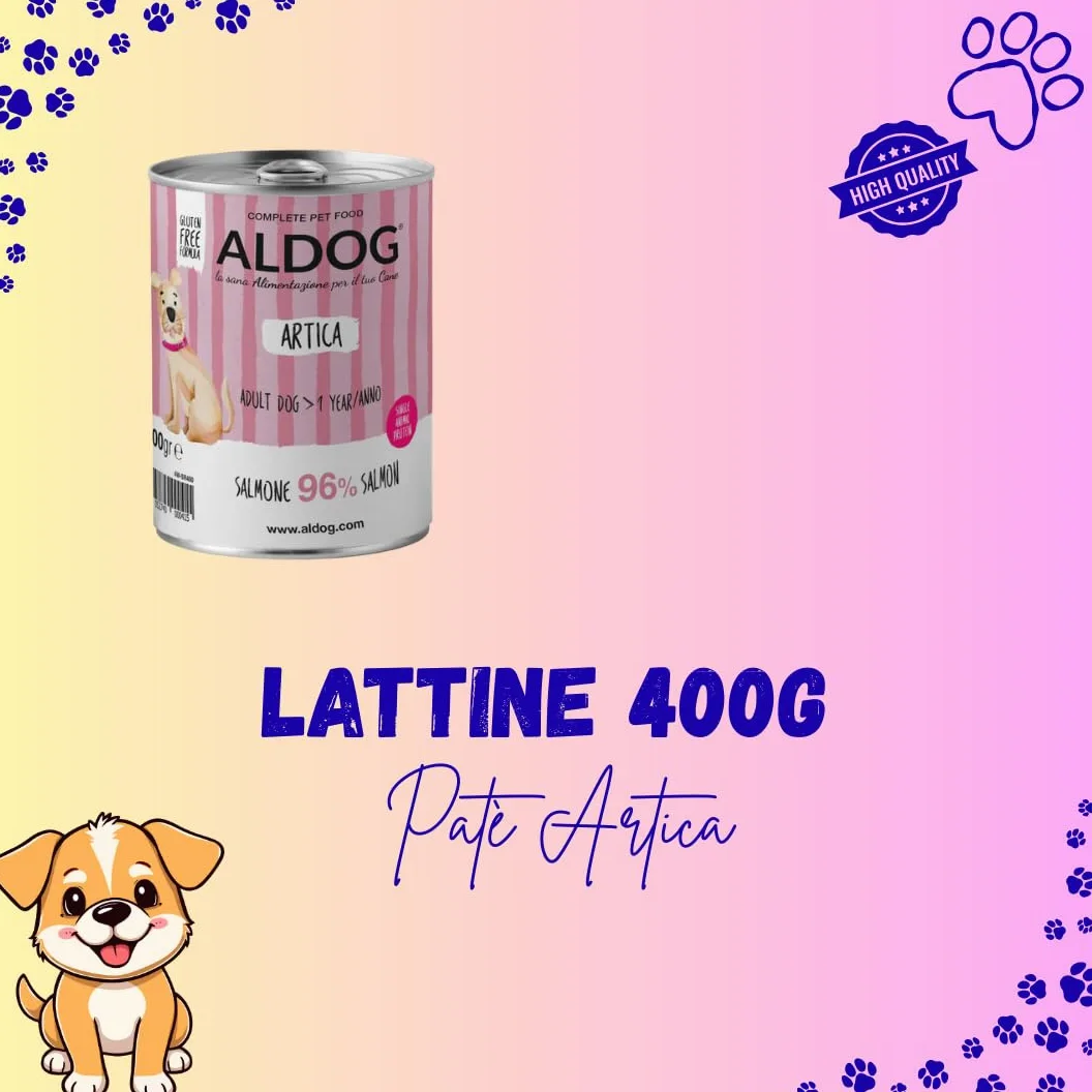 Cane Aldog Lattine di Umido per Cani, alimento per cani adulti di tutte le taglie e razze, N. PATE ALDOG ARTICA gusto SALMONE, 6 lattine da 400gr, 6x400gr.