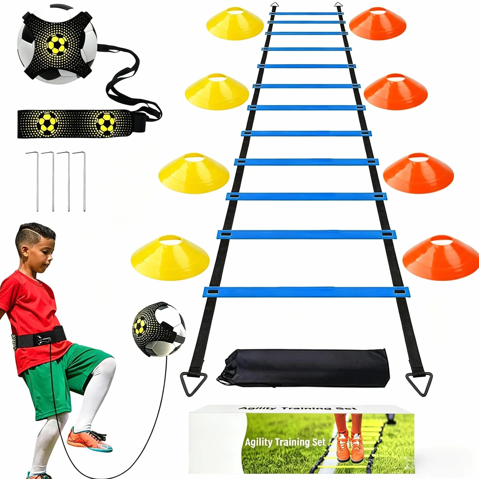 Cinesini per Allenamento Calcio, Allenamento Calcio e Cinesini - Set Completo con Scala di coordinazione 6m, 12 cinesini e Lanciatore di Calcio, Appassionati di Calcio