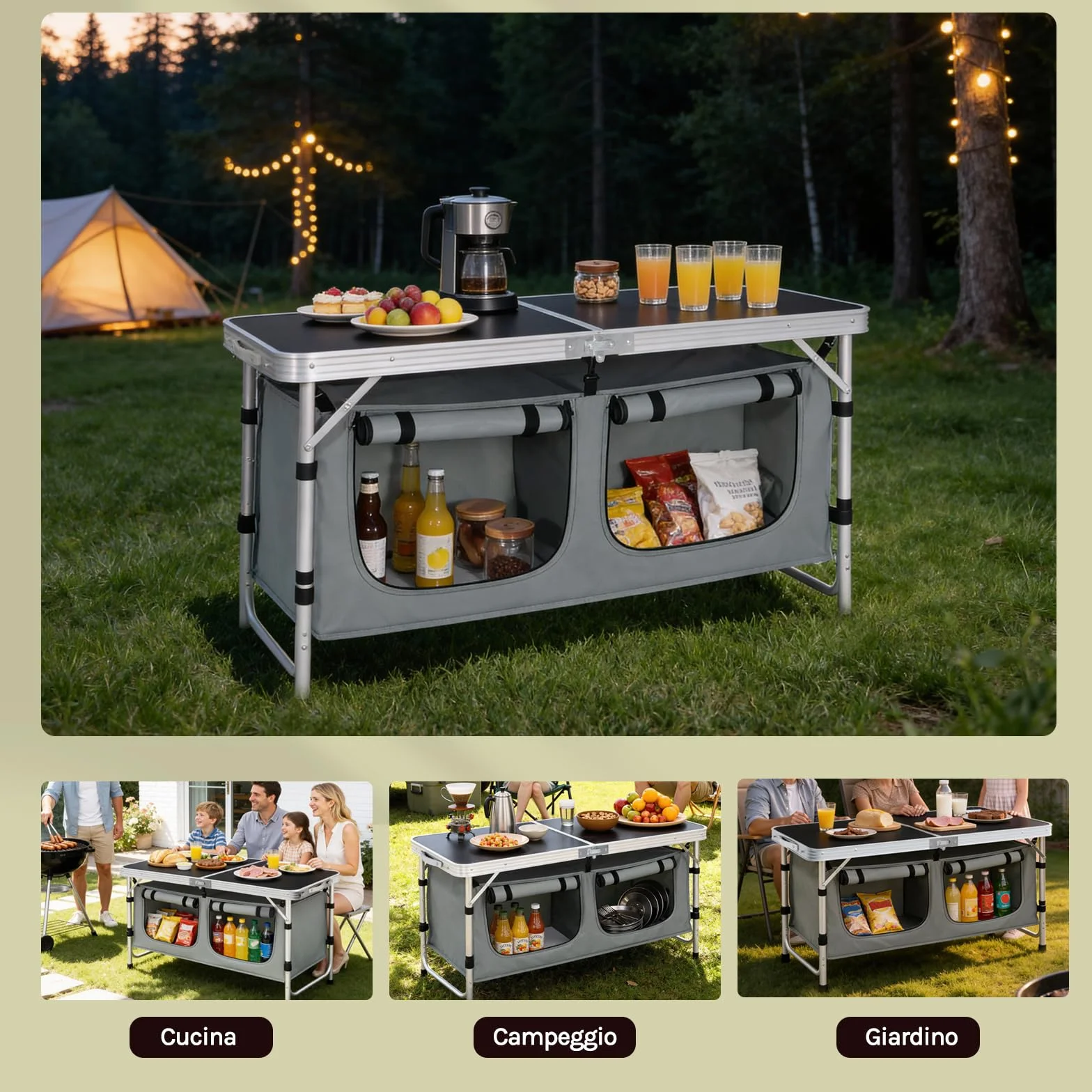 WOLTU Tavolo da Picnic Pieghevole, Mobile Cucina da Campeggio, MDF e Alluminio, 120 x 47 x 62/69.5 cm