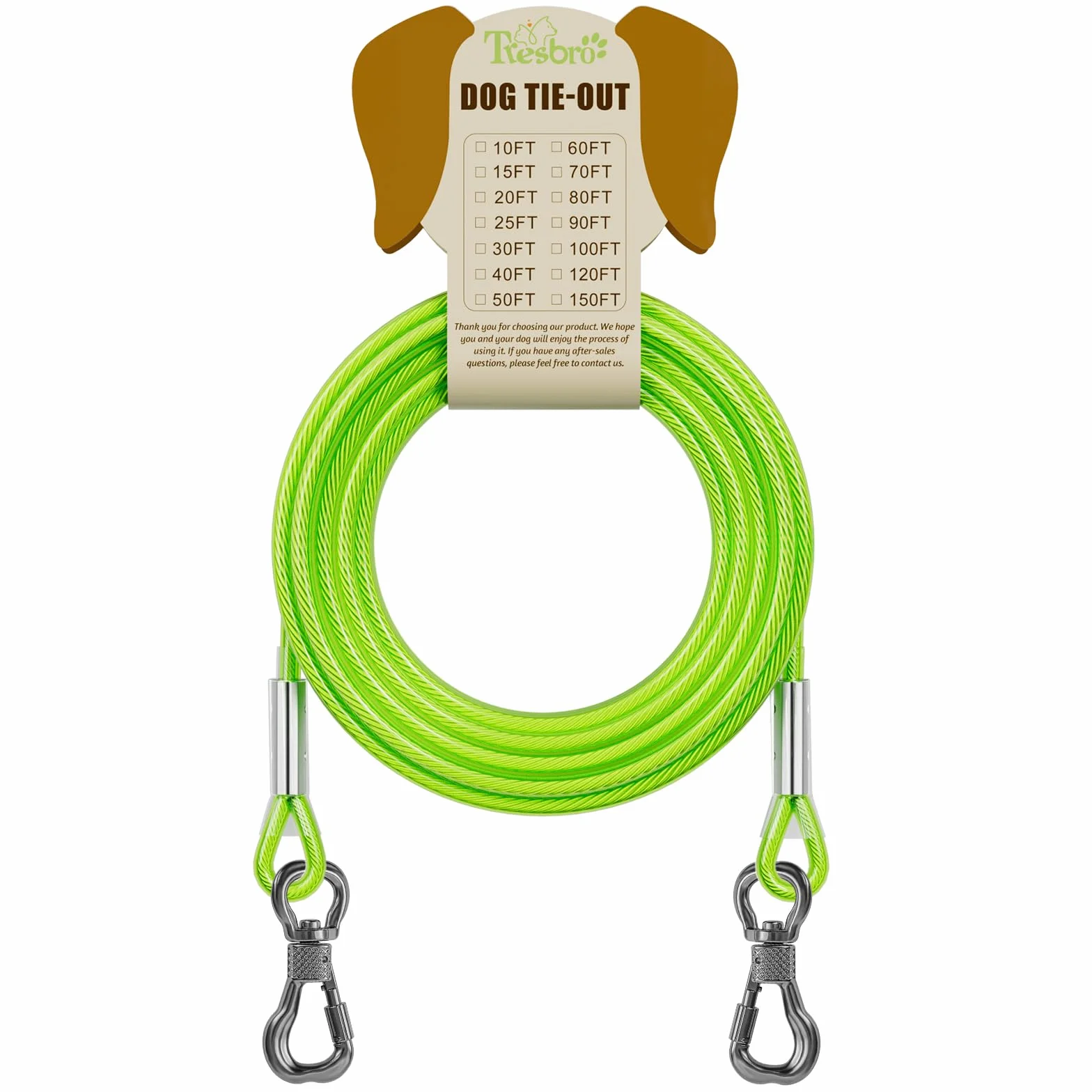 Tresbro Cavo riflettente per cani fino a 113,4 kg, cavo in filo di acciaio con fibbia a doppia fissaggio in acciaio, leggero e resistente, catena per cani per esterni, cortile, campeggio, verde