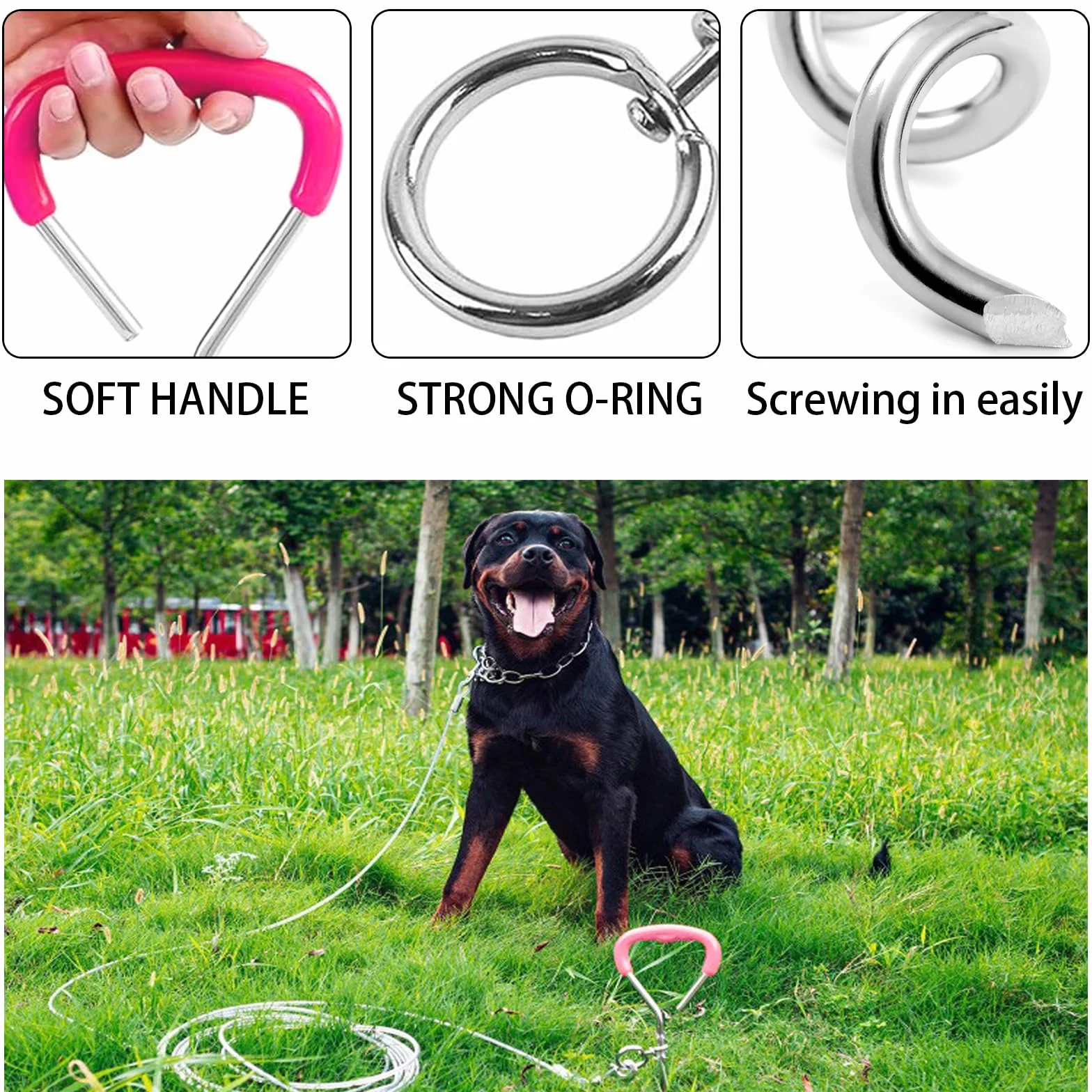 5 m Guinzaglio per Cani con 42 cm Picchetto a Terra, Cavo Acciaio Inossidabile 6mm con Gancio 360°, Fino a 250 kg, PVC Coated, Cavo Legare per Cane Grande Media Piccola Campeggio Giardino (5m Rosa)