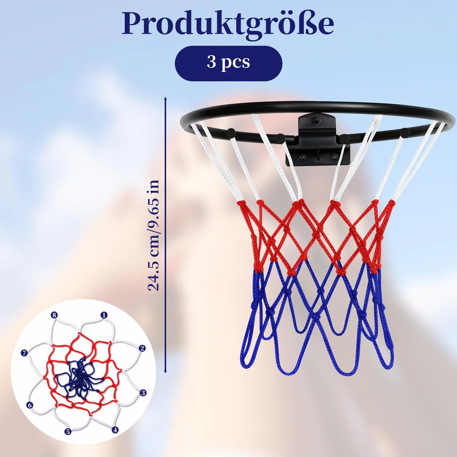 Rete da Basket Tricolore di Ricambio per Mini Cerchio 20-26 cm, 3 Pezzi per Sport Esterni e Interni