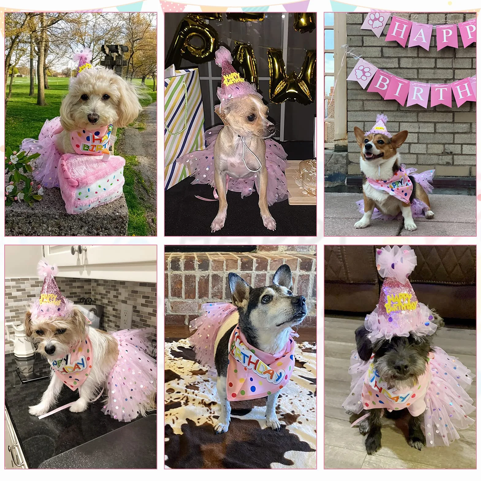 SCENEREAL Bandana compleanno cani con cappello vestito ragazze, gonna tutù rosa cani piccola media grande