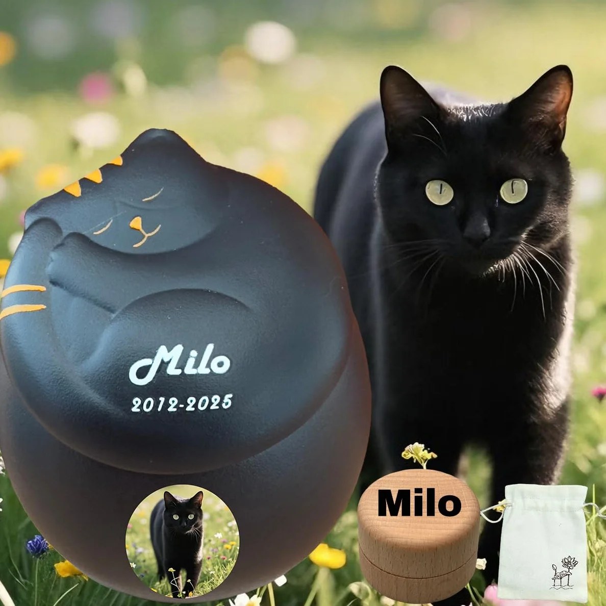 Urna per gatti in ceramica fatta a mano per ceneri animali domestici personalizzabile (nero)