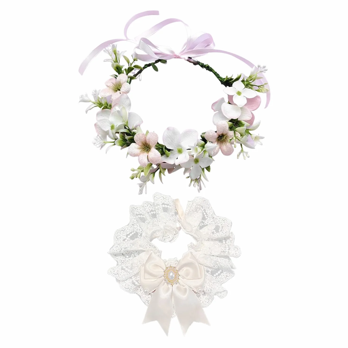 1 Pezzo di Pet Ghirlanda Copricapo, 1 Pezzo di Bow Bib, Collare del Fiore di Cerimonia Nuziale del Cane, Gatto del Merletto Bow Tie, Pet Decorazione di Cerimonia Nuziale Forniture.