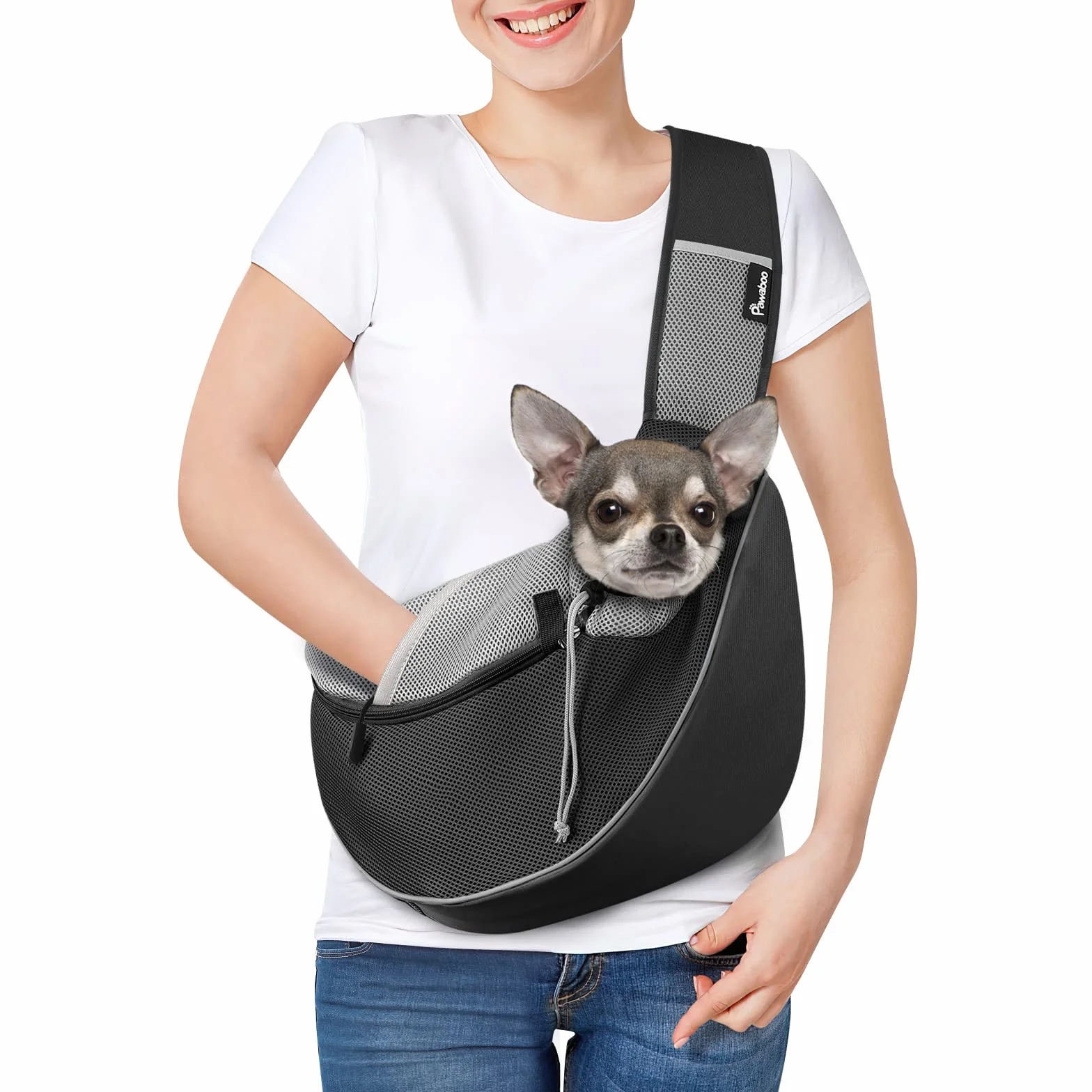 Pawaboo Borsa per Cani, Trasportino per Cani con Tasca Tattile con Cerniera, Borsa Porta Cane con Tracolla Regolabile, Marsupio per Cani in Rete Traspirante per Viaggio, Ciclismo, Taglia S - Nero