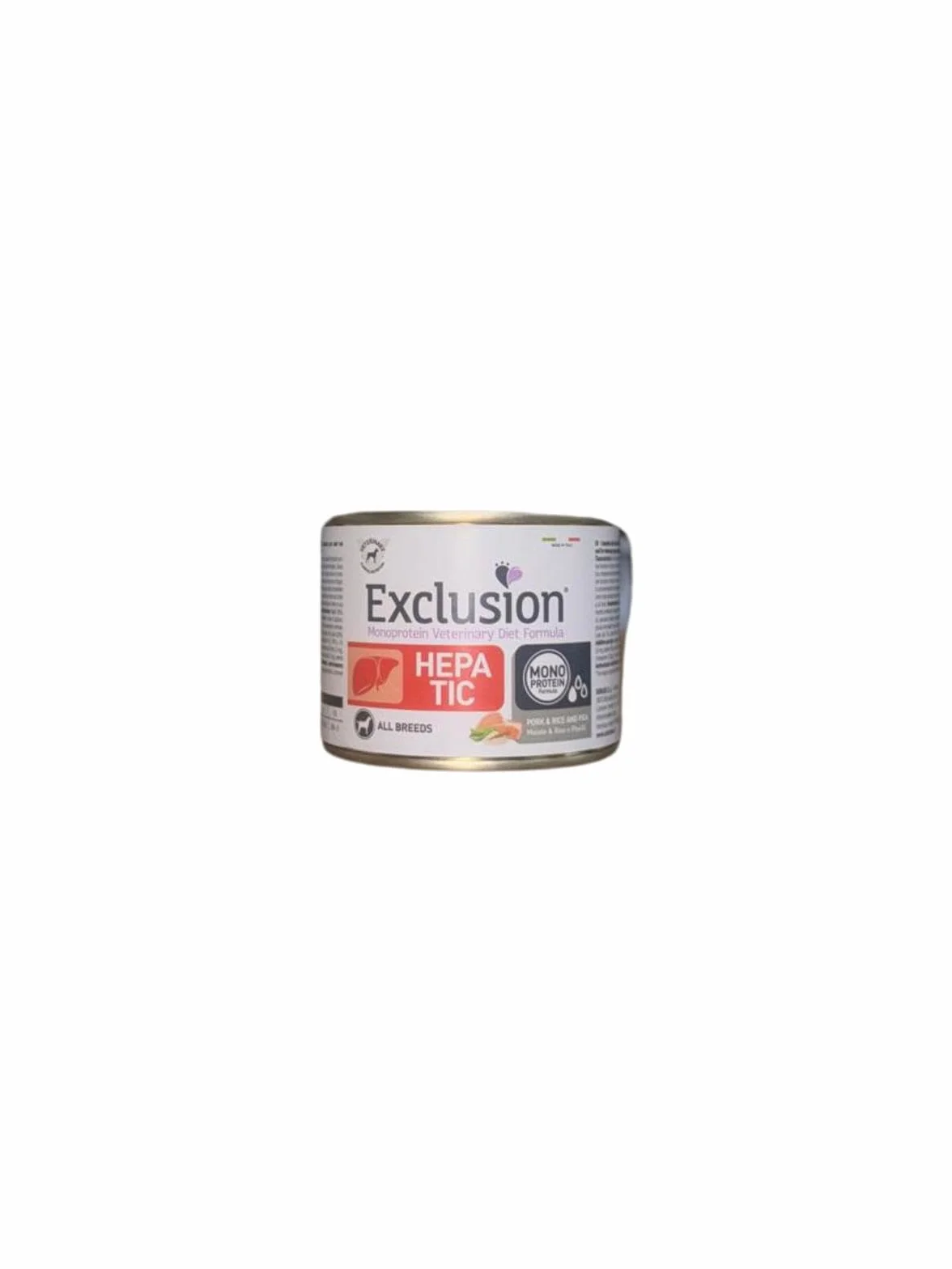 Exclusion hepatic umido adult Maiale Riso e Piselli, dieta veterinaria | 6 lattine da 200 grammi l'una.
