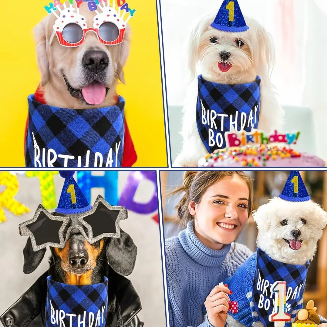 Set Compleanno Cane 3 Pezzi Bandana Cappello 8 Numeri Bling Adesivi Regalo Decorazioni Blu