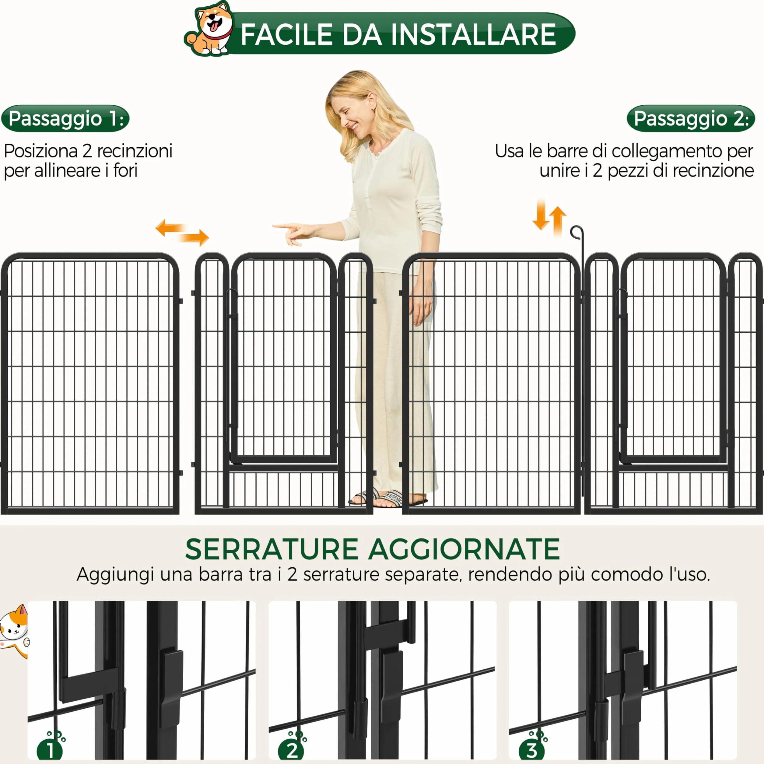 Yaheetech Recinto per Cani Grande 8 Pannelli 68x100 cm Ferro Recinzione Rete Metallica Pieghevole Portatile Nero