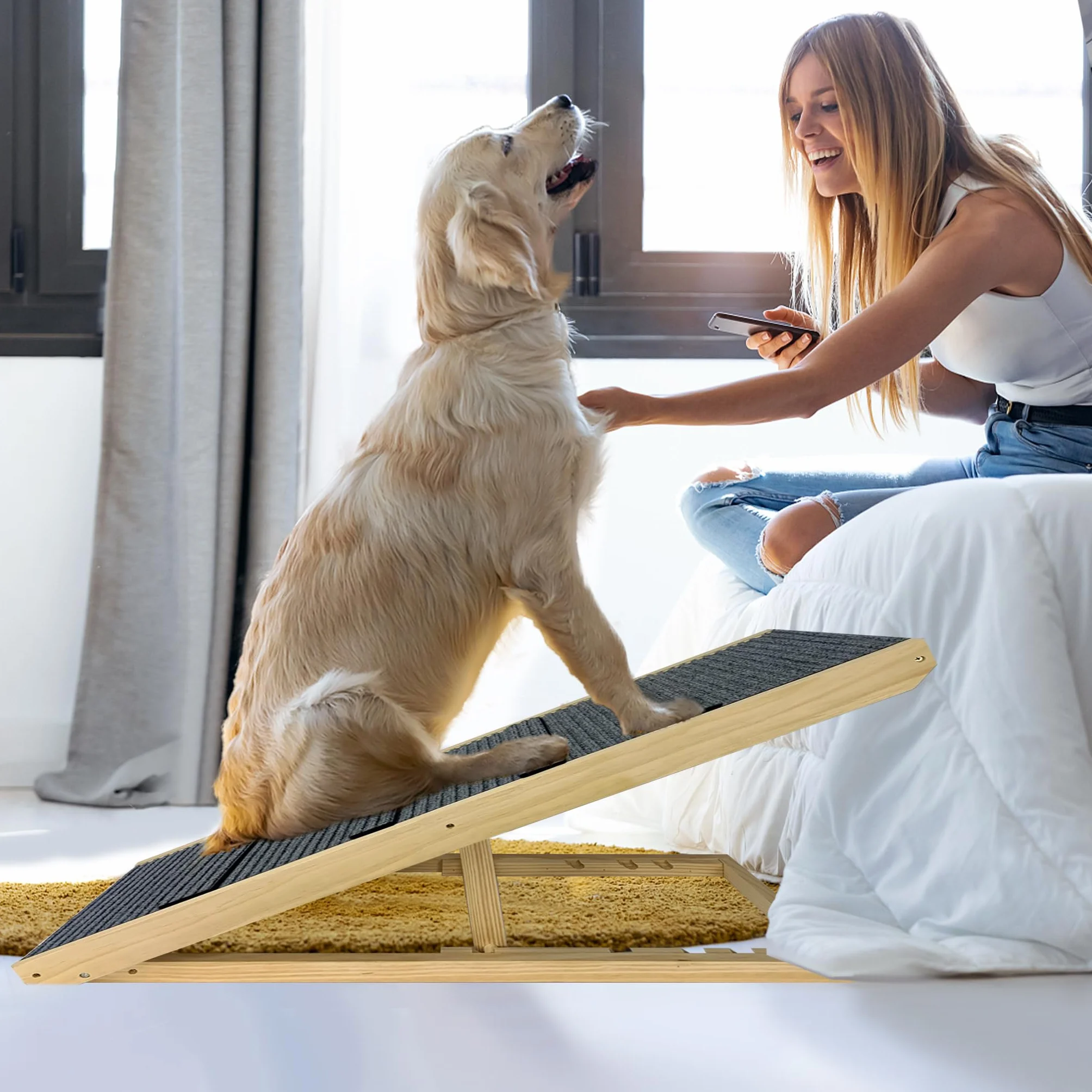 Rampa per cani in legno, pieghevole, altezza regolabile, per letto, divano, altezza 60 cm, antiscivolo, per cani e gatti, portata massima 100 kg, 100 x 40 x 60 cm