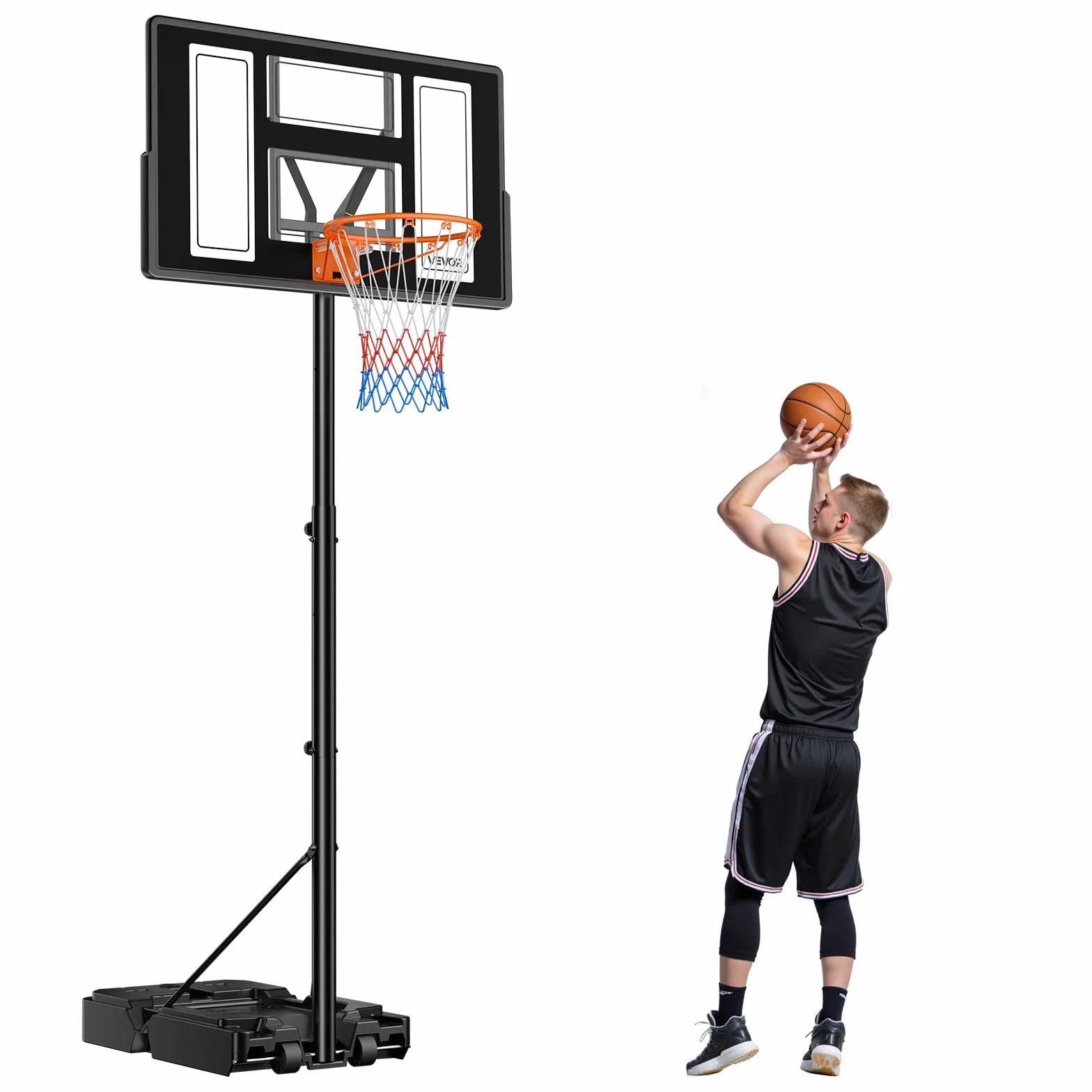 VEVOR Canestro da Basket da Esterno con Piedistallo Regolabile in Altezza Fino a 3,05 m con Ruote e Tabellone in PC da 1117,6 mm, Set di Tabelloni, Sistema di Canestro da Basket per Cortili, Piscine