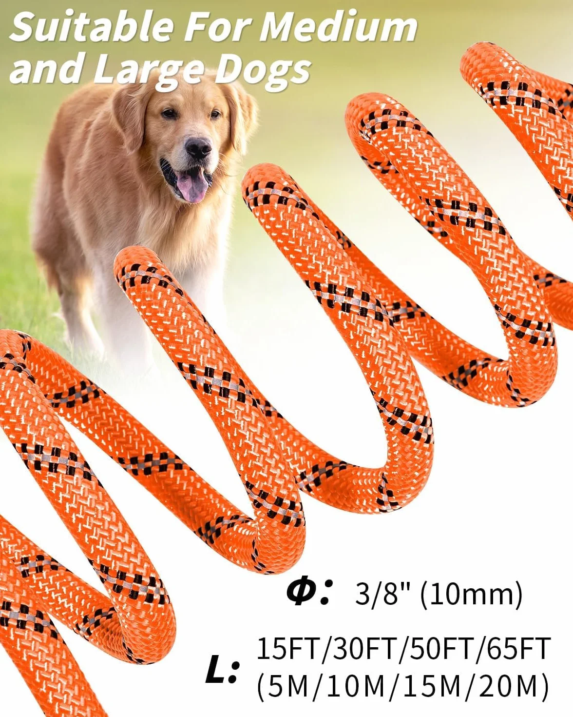 Joytale Guinzaglio Addestramento per Cani, Lunghina 5/10/15/20 Metri con Gancio Robusto e Manico Imbottito, per Taglia Piccola e Grande (Arancione, 15m)