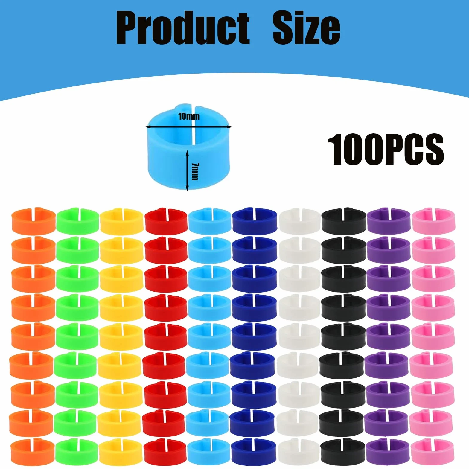 100 Anelli colorati in plastica da 10 mm per gambe di piccioni senza riconoscimento baionetta. Disponibili 10 colori, perfetti per viaggiatori e piccioni da compagnia.