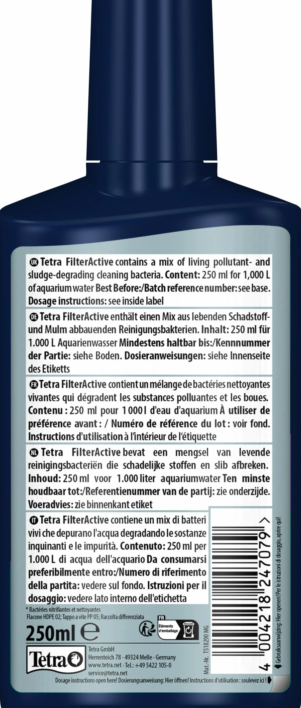 Tetra FilterActive 250 ml Batteri Vivi Attivano Filtro Riducono Accumulo Impurità Mantiene Biologicamente Attivo