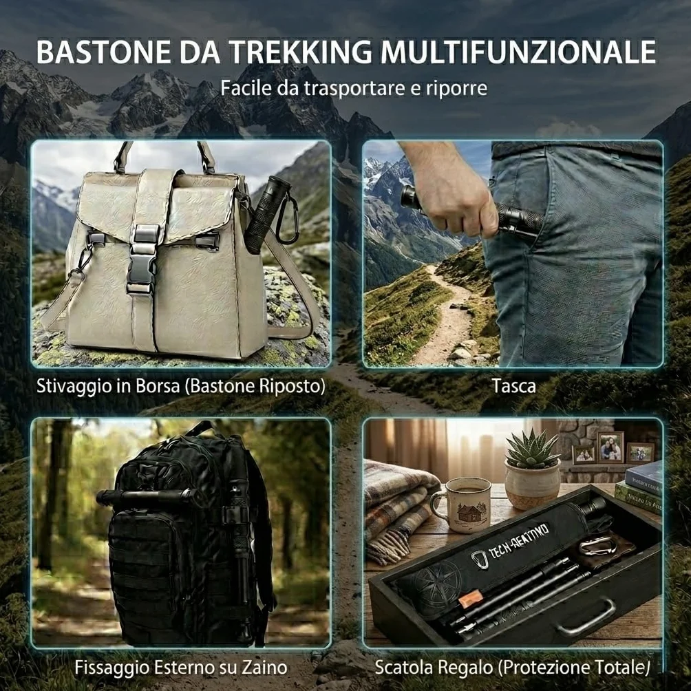 Bastone da Trekking Telescopico Regolabile, Impugnatura Antiscivolo, Punta con Gommino, Leggero