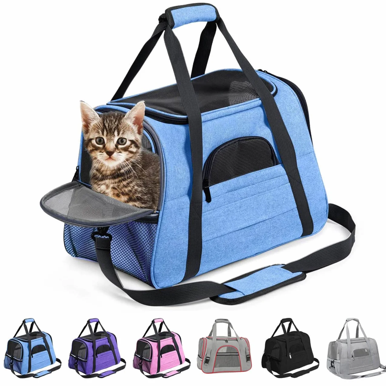 Trasportino gatto, trasportino per cani, Trasportino per animali portatile morbido e pieghevole, Può essere portato a mano o a tracolla (Blu)
