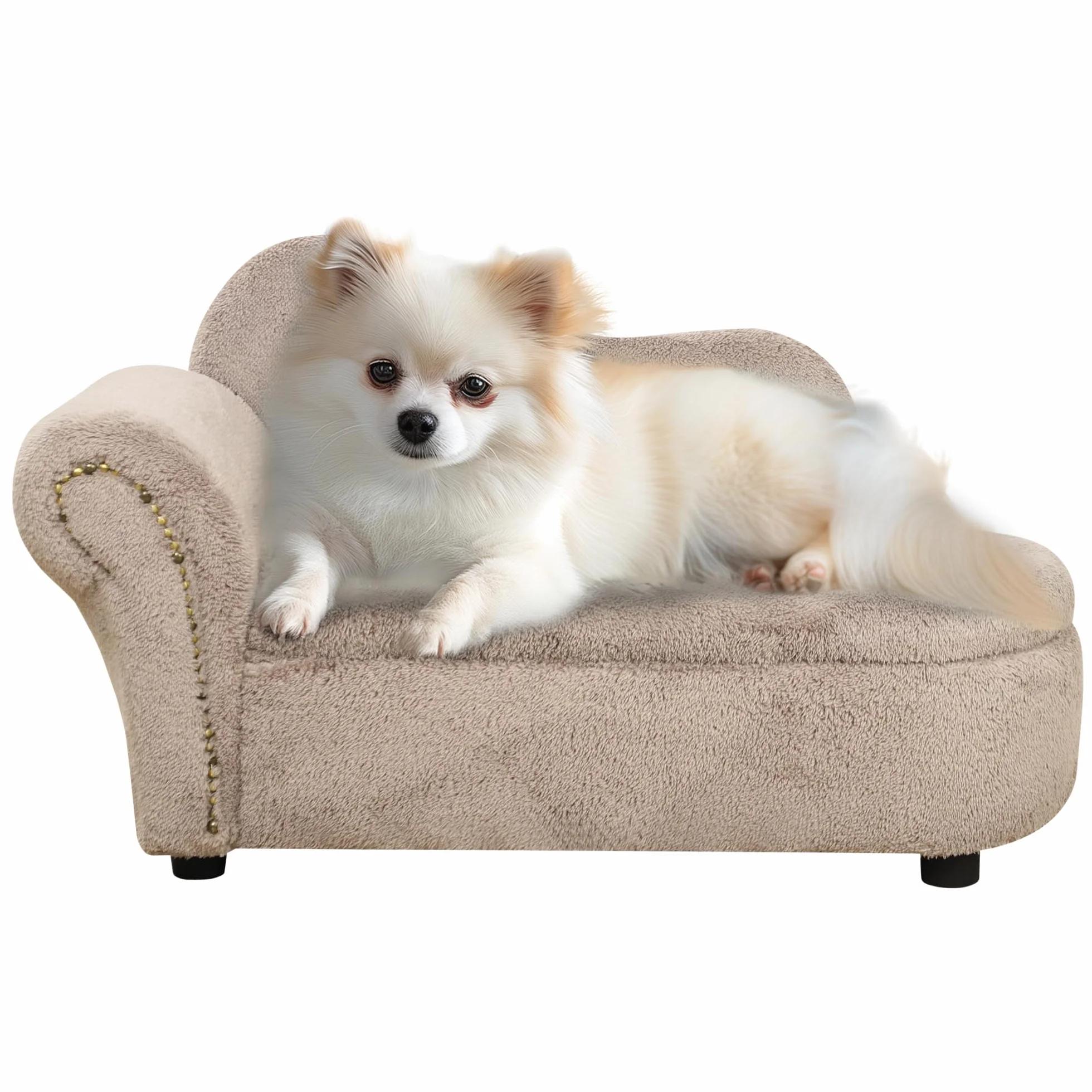 PawHut Divano per Cani Rialzato con Spazio Portaoggetti a Scomparsa, Divano Imbottito in Legno e Tessuto Vellutato, 80x40x46 cm, Beige