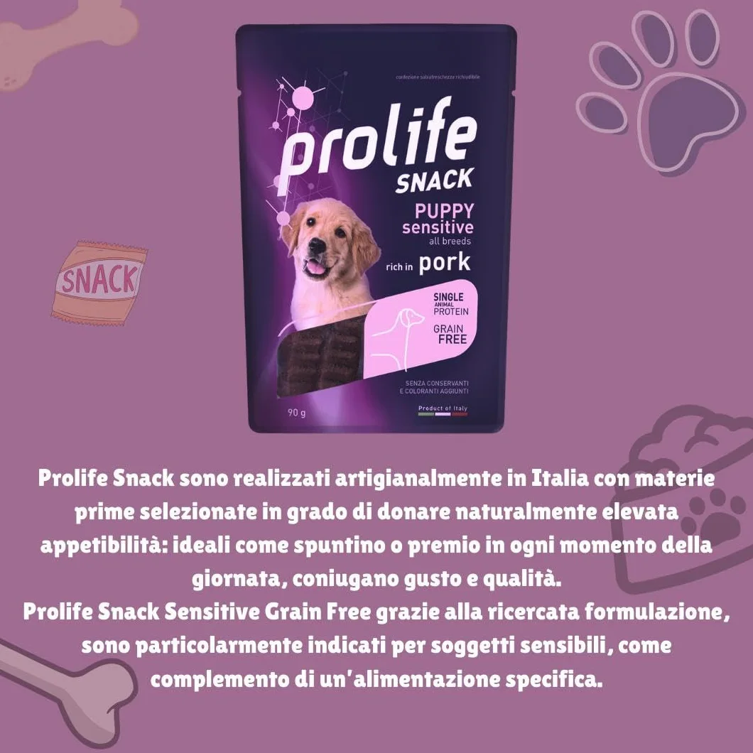 Prolife Snack Cane Puppy Sensitive gusto MAIALE, snack per cani cuccioli di tutte le taglie senza conservanti e senza cereali, grainfree, monoproteico | 3 bustine da 90 grammi l’una.