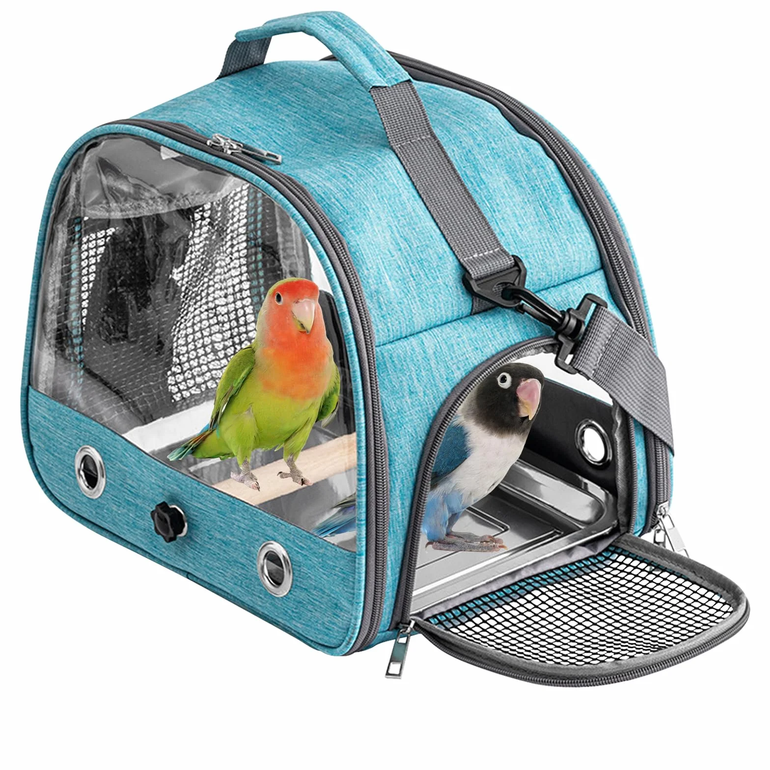 Borsa per il Trasporto di Uccelli con Asta e Vassoio in Acciaio Inox, Zaino Portatile per Pappagalli con Asta di Legno (Blue)