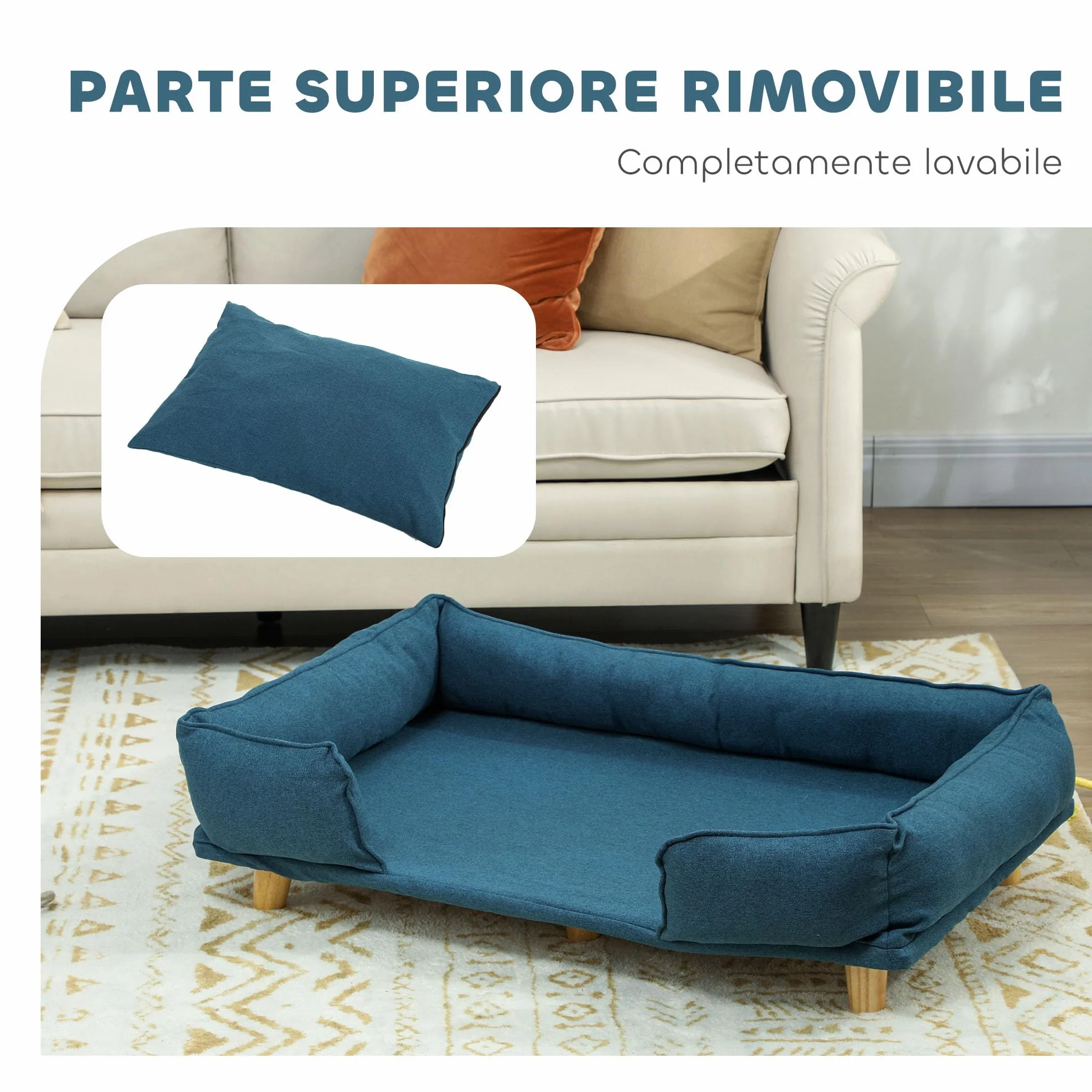 PawHut Divano per Cani Grandi Fino 30 kg, Cuccia Lettino Rialzato per Animali da Interno con Cuscino Rimovibile, 96x66x24 cm, Blu
