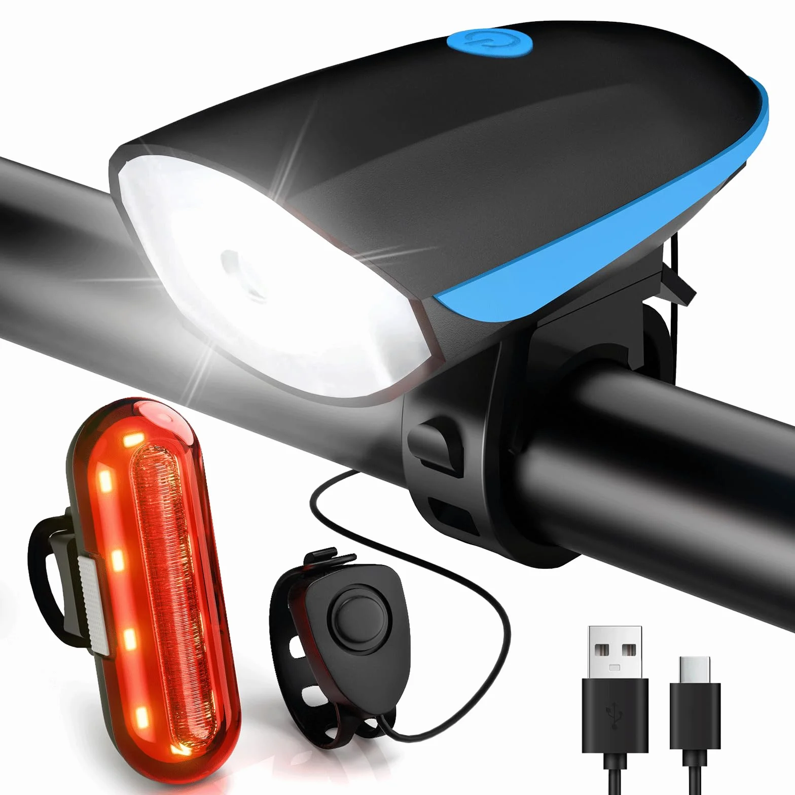 Luci Biciclette LED, Anteriore e Posteriore USB Ricaricabile e Impermeabile IP65, 1200 mAh luci MTB per Uomini Donne, Bambini, Combinazione di Luci per Mountain Bike Impermeabili
