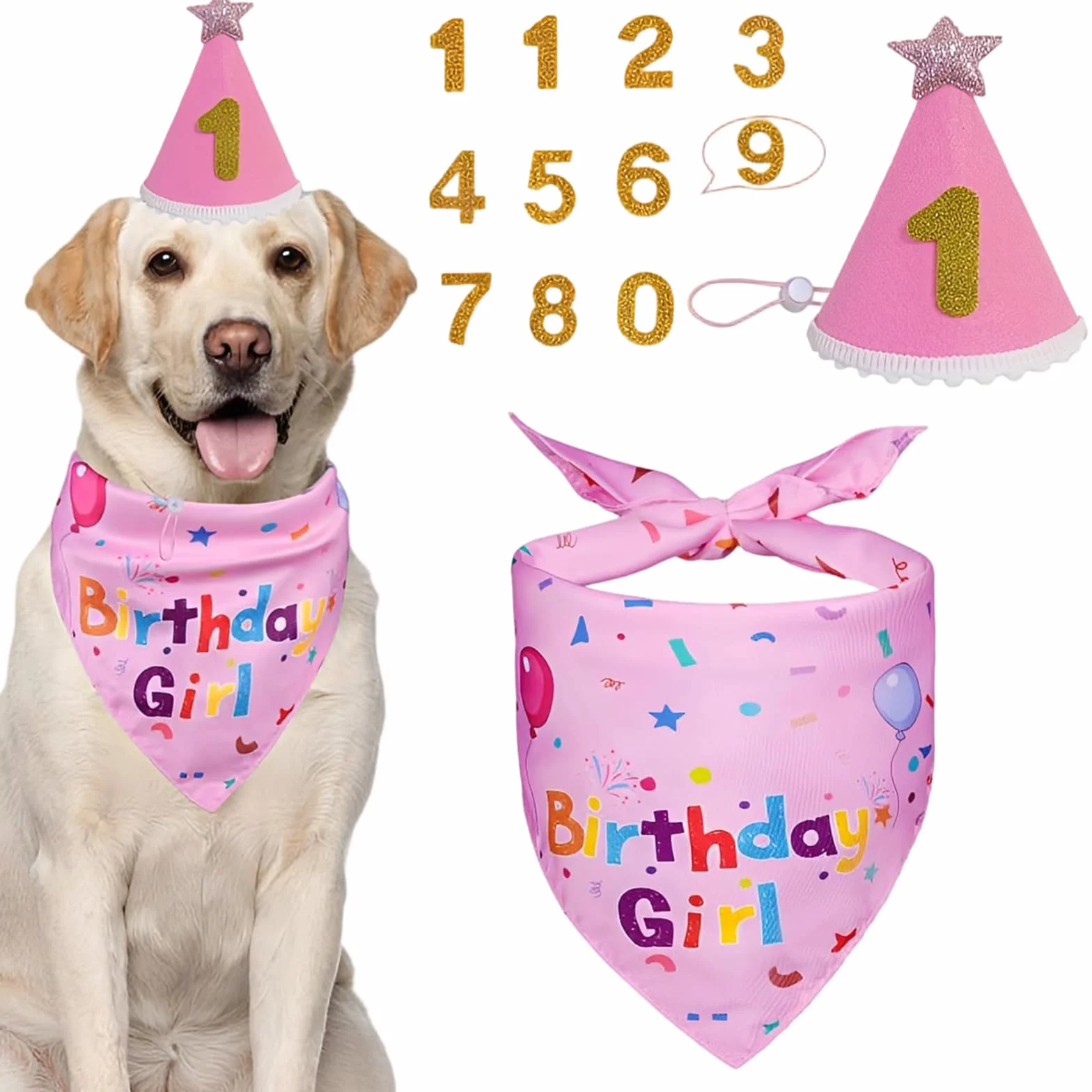 Set Compleanno Cane Rosa, Cappello & Bandana Riutilizzabili con Numeri, Abito Accessorio Decorazione per Festa Compleanno Cane Medio e Grande, L