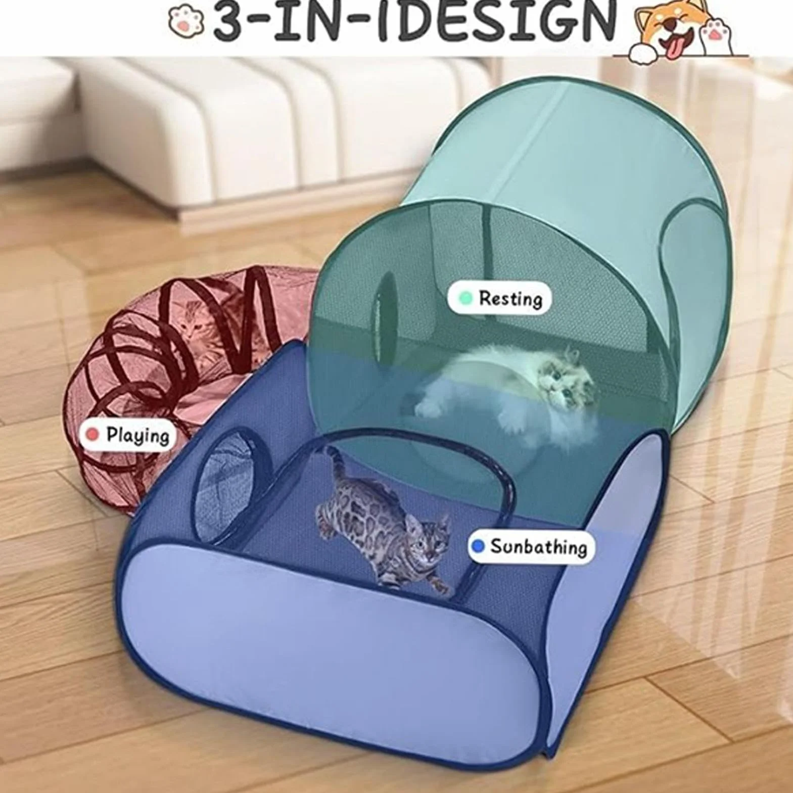 Gabbia Portatile per Gatti - Box Pieghevole per Gatti - Tenda Portatile per Gatto, Recinto Pieghevole per Animali Domestici, con Tunnel E Rete Di Ventilazione, per Campeggio E Viaggio