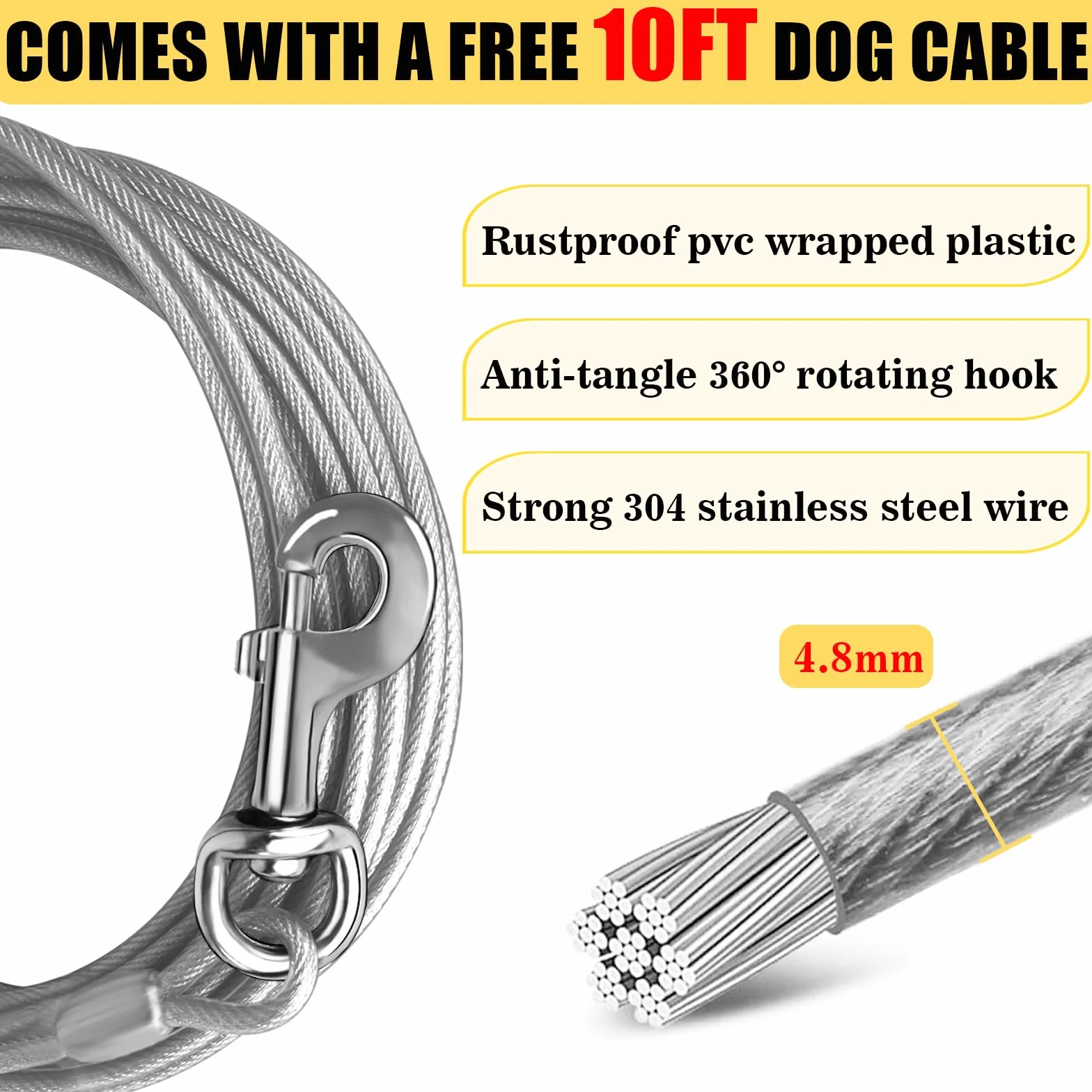 Palo per cani resistente con cavo per cani da 3 m, per cani grandi fino a 68 kg, palo per esterni, facile da installare, palo girevole a 360° per cortile, campeggio, spiaggia