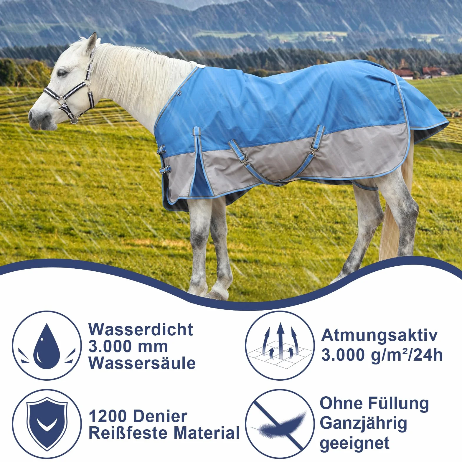1200D Coperta per cavalli resistente allo strappo senza imbottitura (0g), Coperta da esterno leggera, impermeabile e traspirante per cavalli, Blu-Grigio 145 cm