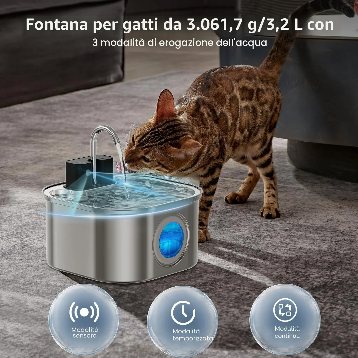 Fontanella per Gatti senza Fili: NautyPaws 3.2L Fontanella per Gatti Acciaio con Batteria 4200mAh, Fontana per Gatto con Sensore di Movimento, Automatico Silenzioso Dispenser Acqua Gatto con Filtri